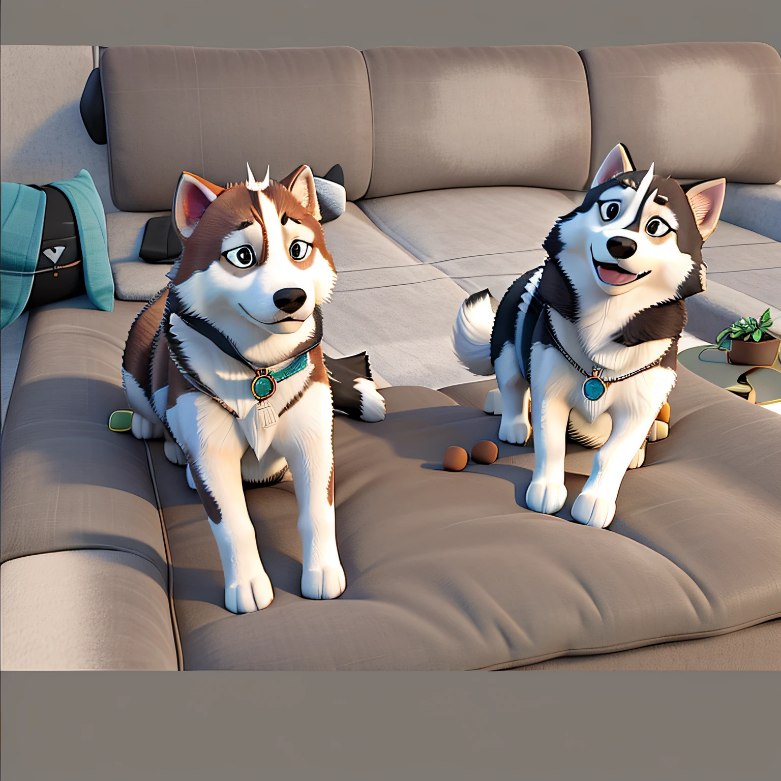 Two Siberian huskies lying on top of sofa, The two of them are smiling, One husky is brown and the other is black.