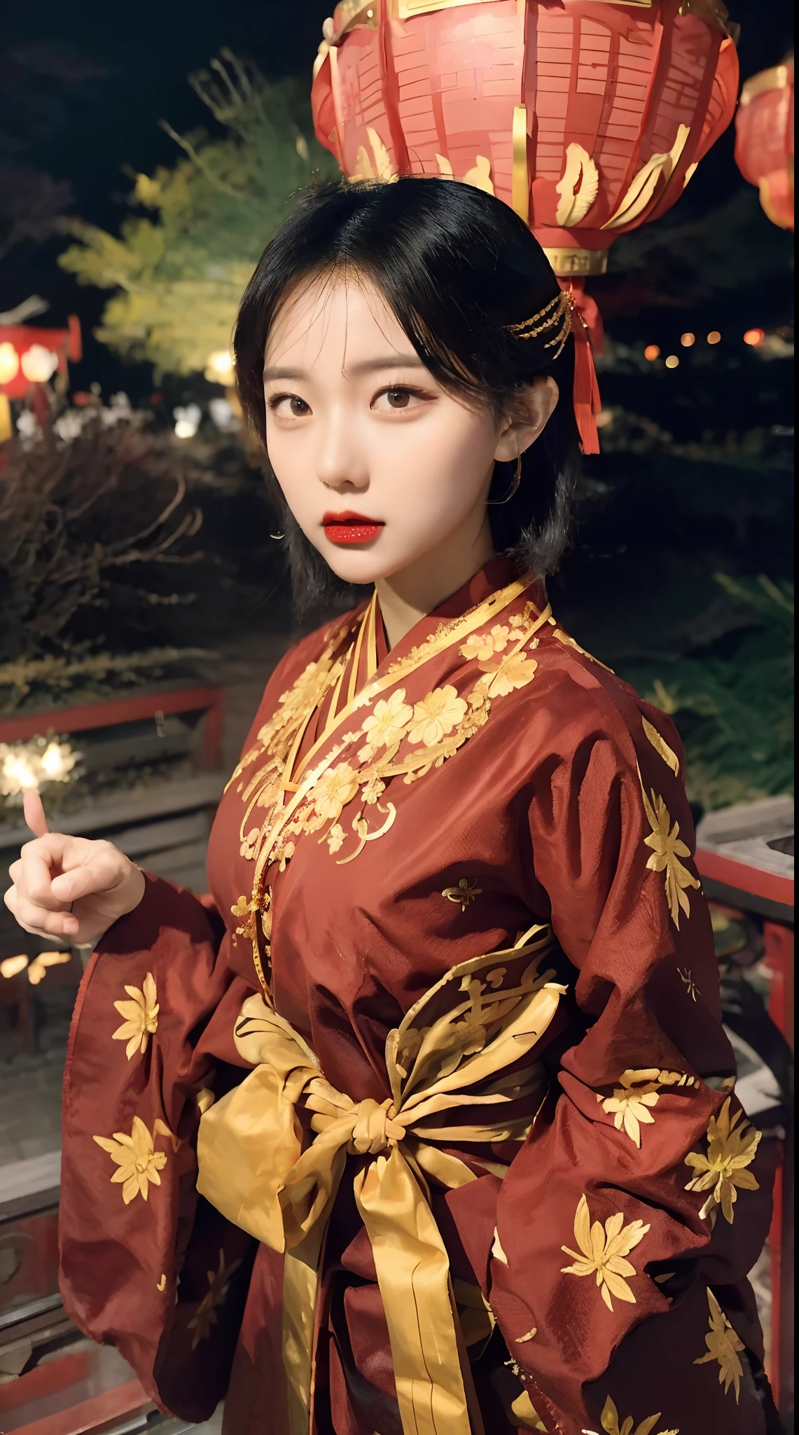 Detailed faces, 4k, 8k, beautiful girls, Korean makeup, Red lips, medium body, medium chest, thigh, Girl in Tet outfit, Lunar New Year, Oriental New Year, Tet accessories, Everything related to the Lunar New Year, Red and Yellow costumes, Phoenix motifs, couplet, New Year's fireworks scene,