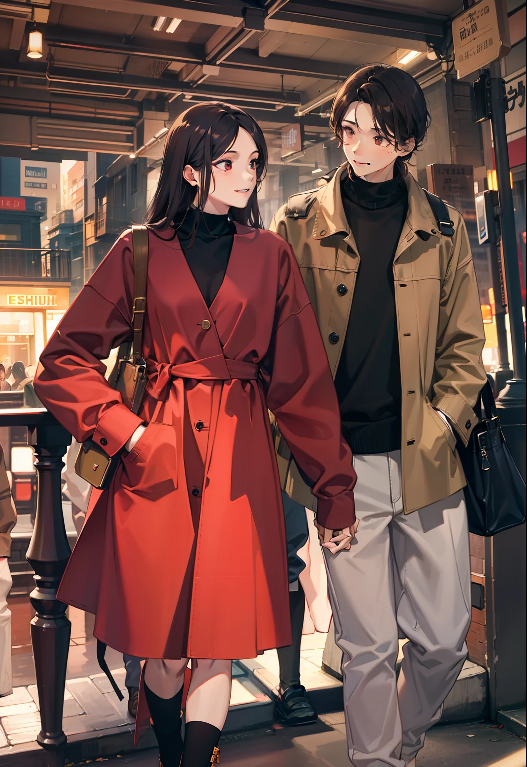 masterpiece, best quality, 2others, couple, 1man with 1woman, mature, adult, Height difference, different fashion, different color, finely detailed eyes and detailed face, intricate details, casual clothes, oversized shirt, modern urban street, holding hands, smile, happy, love