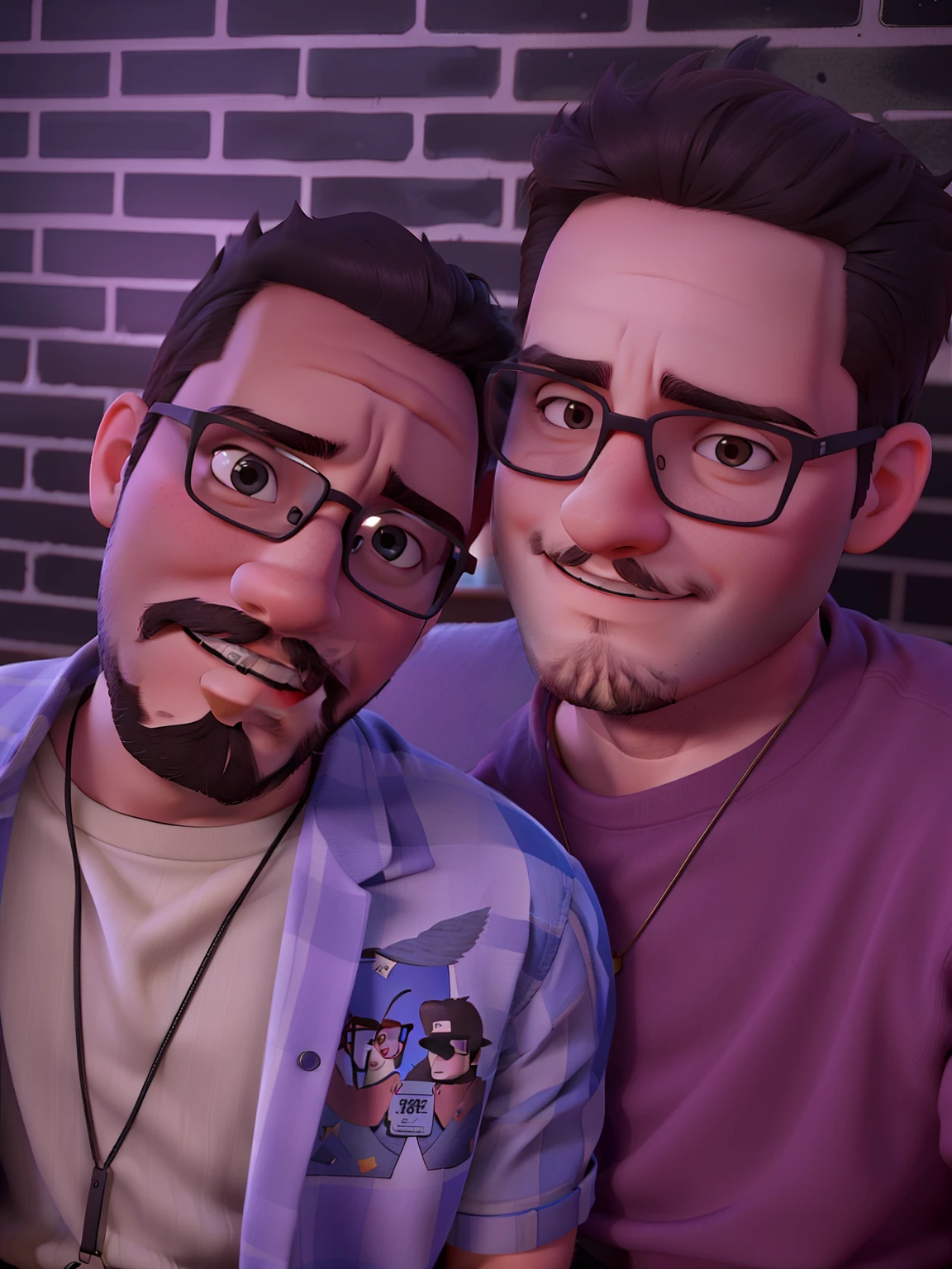 Two young men with goatees and glasses looking at camera