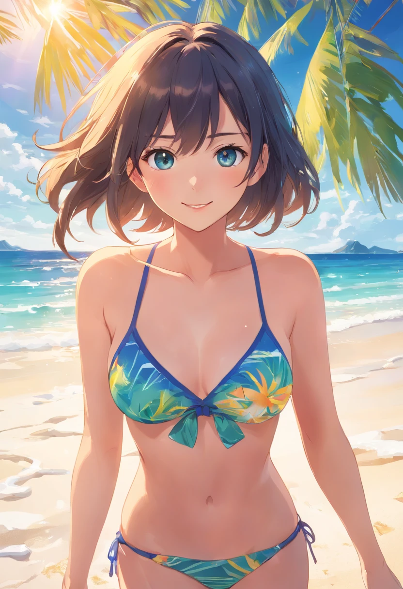 hight resolution, Ultra-detailed, 1 girl, Beautiful detailed eyes, Beautiful detailed lips, Smile, Sexy, swimer, swim wears, Beach, seaside, Sunshine, Clear blue sky, Sparkling ocean waves, White sand, Palm trees, Summer Breeze, Vibrant colors, Glowing sunlight, gentle waves, Fashionable swimwear, Confident posture