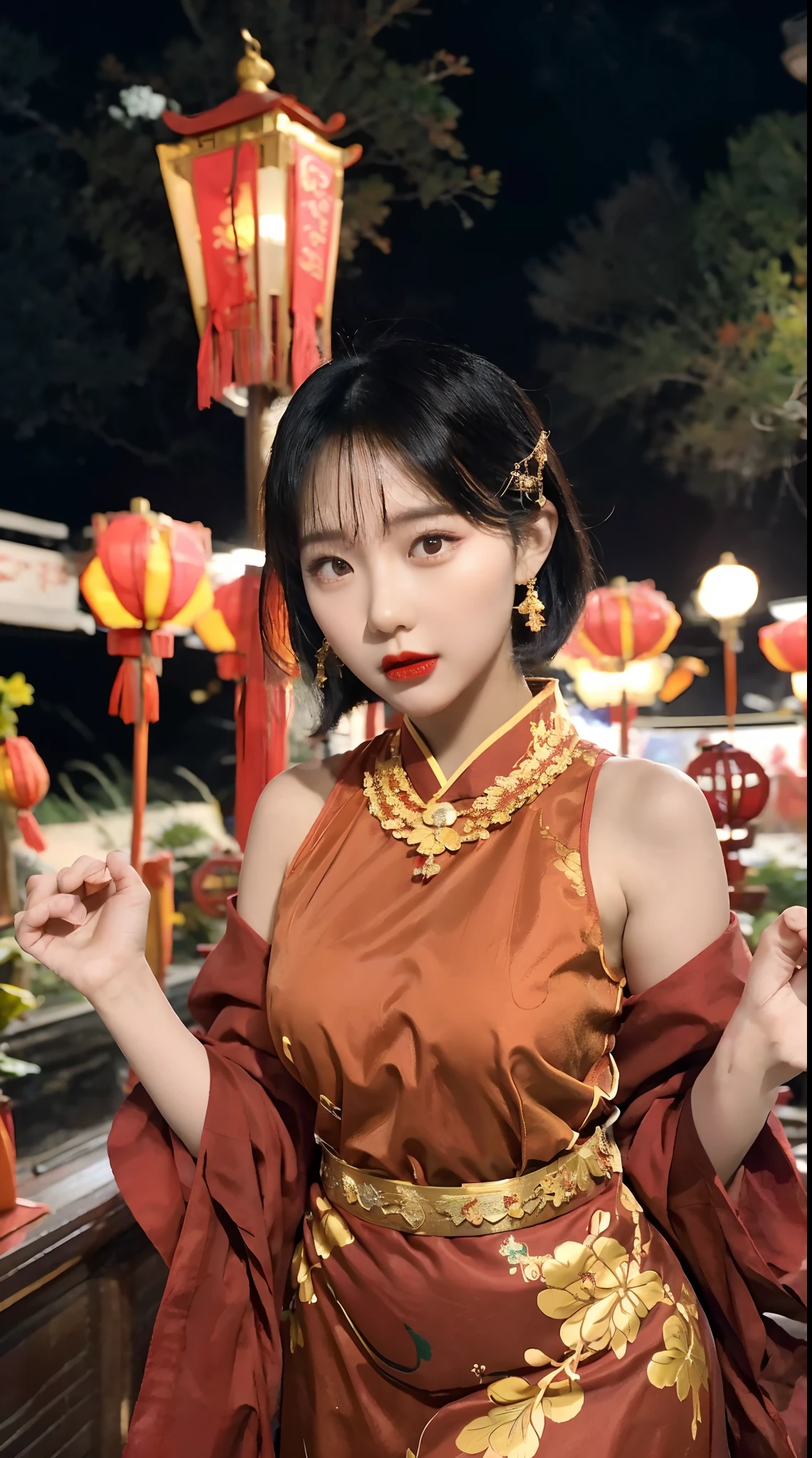 Detailed faces, 4k, 8k, beautiful girls, Korean makeup, Red lips, medium body, medium chest, thigh, Girl in Tet outfit, Lunar New Year, Oriental New Year, Tet accessories, Everything related to the Lunar New Year, Red and Yellow costumes, Phoenix motifs, couplet, New Year's fireworks scene,