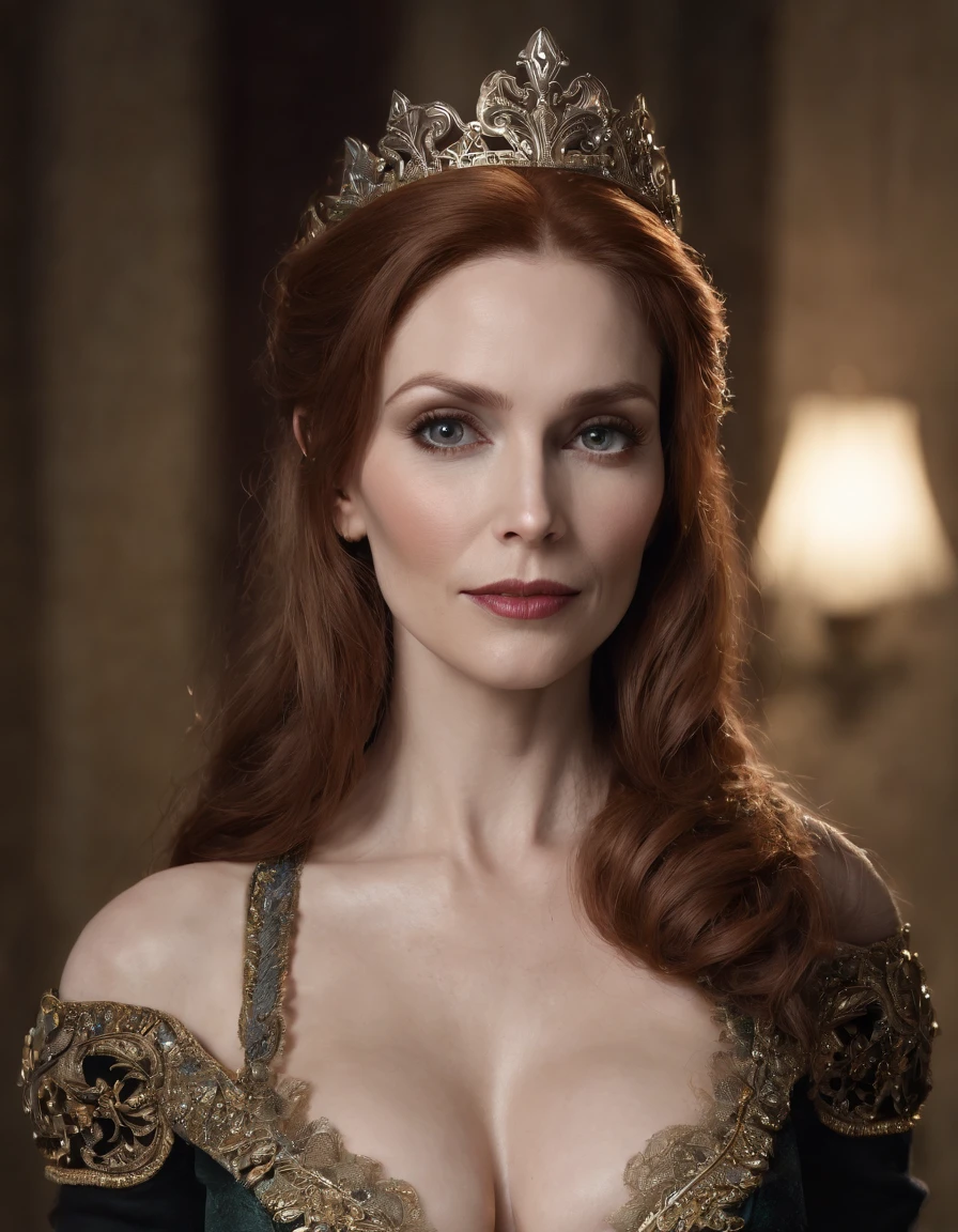 (Gates McFadden) ,NSFW, one-girl, Vampire Queen, (gigantic cleavage breasts:1.5), (Sex life:1.2), (:1.5)，The Elder Scrolls Serena costume，the night，Dark style，Gothic，tiara crown.proportional eyes, photorealistic, hyper realistic, extremely detailed, hyper detailed, soft lighting, detailed background, extreme detail background, sharp details, fallout4-cait,