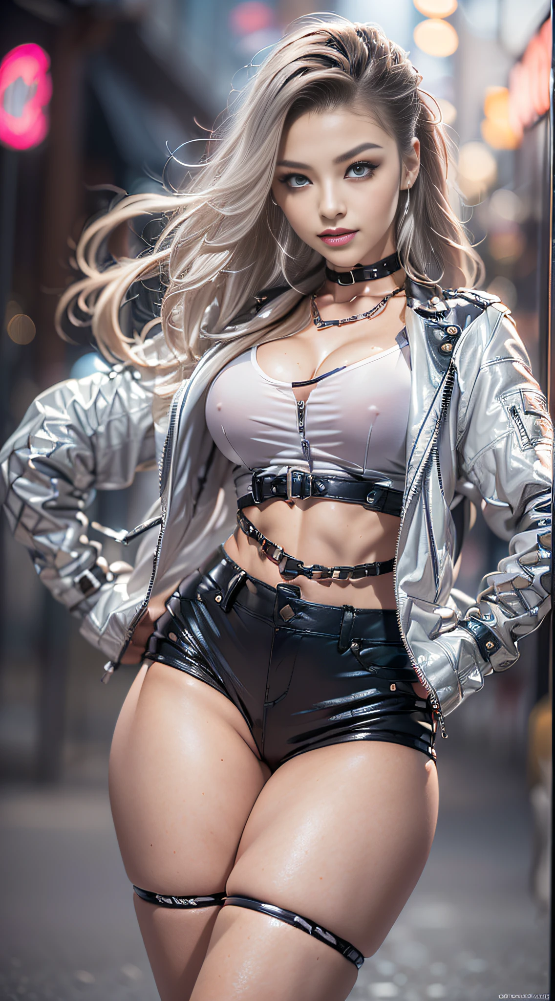 (masterpiece:1.3), ultra detailed, ultra high res, (realistic, photo realistic:1.37), high detail RAW color photo, professional photograph, full sharp:1.2, (1 European girl, hot model, 18-years-old), with a perfect body, super fine face and eyes, (light makeup, [[[pink lipstick]]], eyeliner), (perfect proportions), (anatomically correct), ((view the viewer)), ((Ultra quality natural hair)), (((dark medium (((hair slicked to the two side))), extremely detailed))), ((no bra:1.3)), short motorcycle jacket with zipper, (((Black very low rise leather shorts))), ((large full breasts:1.5)), (narrow waist:1.2), medium ass, ((Whitens skin, slim face)), beautiful cheekbones, slim belly: 1.2, (very slim, well-muscled body:1.1), ((Ultra-detailed face)), The attention to detail, Double eyelids, (Erotic:1.2), satisfaction smile, gorgeous appearance, electrifying appearance, ((cowboy shot)), (Dynamic poses: 1.3), ((city night), (neon sign), (night), walking)