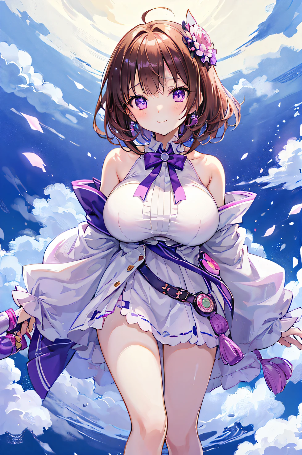 Mofumofu、oxytocin、(Best Quality), (Round face: 1), 1 girl, (High Detail Skin: 1.2), (Puffy eyes), Smile, Soft lighting, High quality, Shortcut Hair,Purple eyes、Brown hair、 ultra gigantic tits、