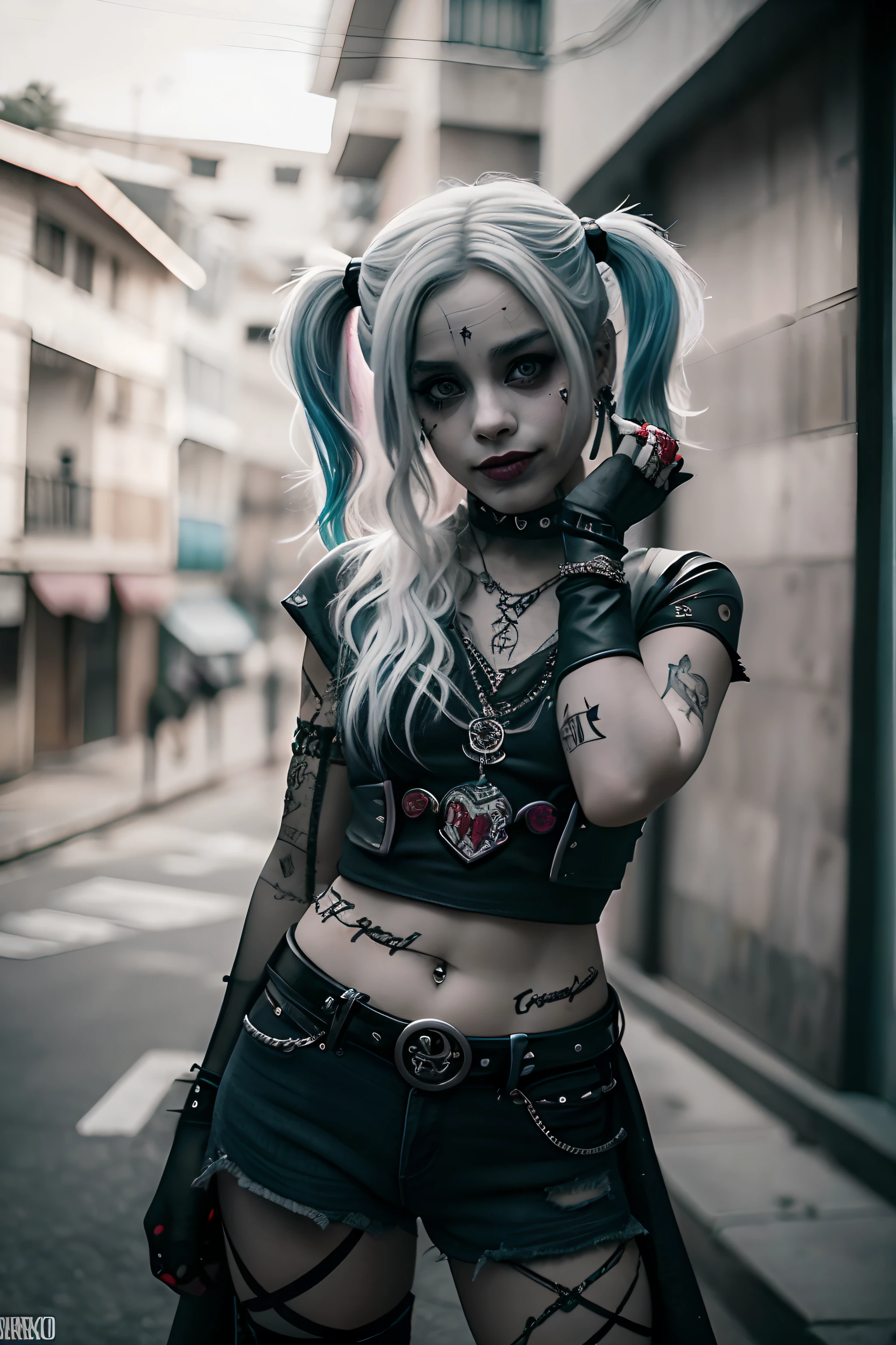 ((Harley Quinn como Garota Punk)), (Margor Robbbie), emo,sorriso, (rindo), gothic punk, 1girl em, solo, medium shot, ((durante a noite)), bokeh dof, Neon light, olhos iridescentes, starly sky, cabelos loiros com mechas rosa e azul ao estilo Harley Quinn, Sobrancelhas pretas, Cabelos radiantes, brinco, franja, joias, Bluntbangs, Backround desfocado, borrado, adornos de cabelo, pearsing, Olhe para os espectadores, retratos,、lo gothic、(masutepiece), (retrato), (aesthetic), (Beautiful), (loira superior ao estilo Harley Quinn), (alta qualidade), (aesthetic clothing), (Professional angle), (thirds rule), (Feminino), (female), (Beautiful),(feminine features), sozinho, 1 mulher, (Harley Quinn punk encantadora), Invernos, dramatic light, (Standing), Maquiagem preta, batom preto, sombra nos olhos preta;, (face frontal), (Challenging Expression), ((desafio)), (Jaquetas de couro e tatuagens), (e.G. e rosas), (cabelos grossos), Cabelos foscos com brilho, (Faixas de cabelo espalhadas no cabelo), (Visual arrojado e arrojado), (pale skin), (Roupas escuras), (camiseta de banda), (ripped jeans), (-), Crew neckline), ((Fundo do beco urbano)), (tiro de perto), beautiful hands, normal hands, two arms, Complete hands, Corpo bonito, dedos normais, cinco dedos, cinco dedos, Orelhas bonitas, orelhas normais, Olhos bonitos, olhos brilhantes, Boca bonita, beautiful lips,