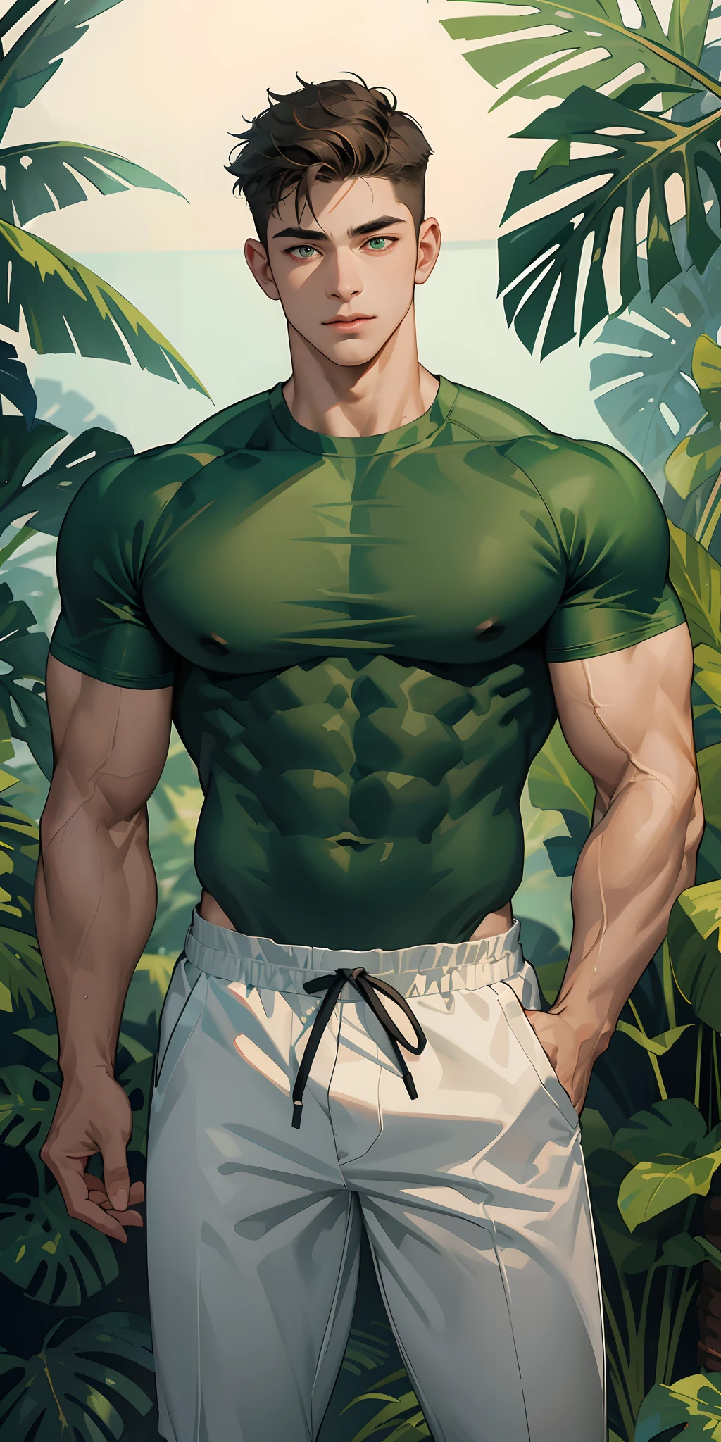 (masterpiece, Best Quality),The whole body of boy, boy, Muscular, bodybuilder, green shirt