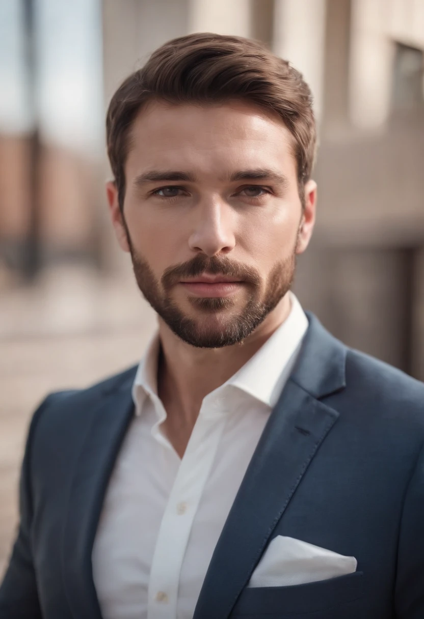 Very handsome athletic 35 years old athletic man with short brown hair and beard 3 days cheap business suit