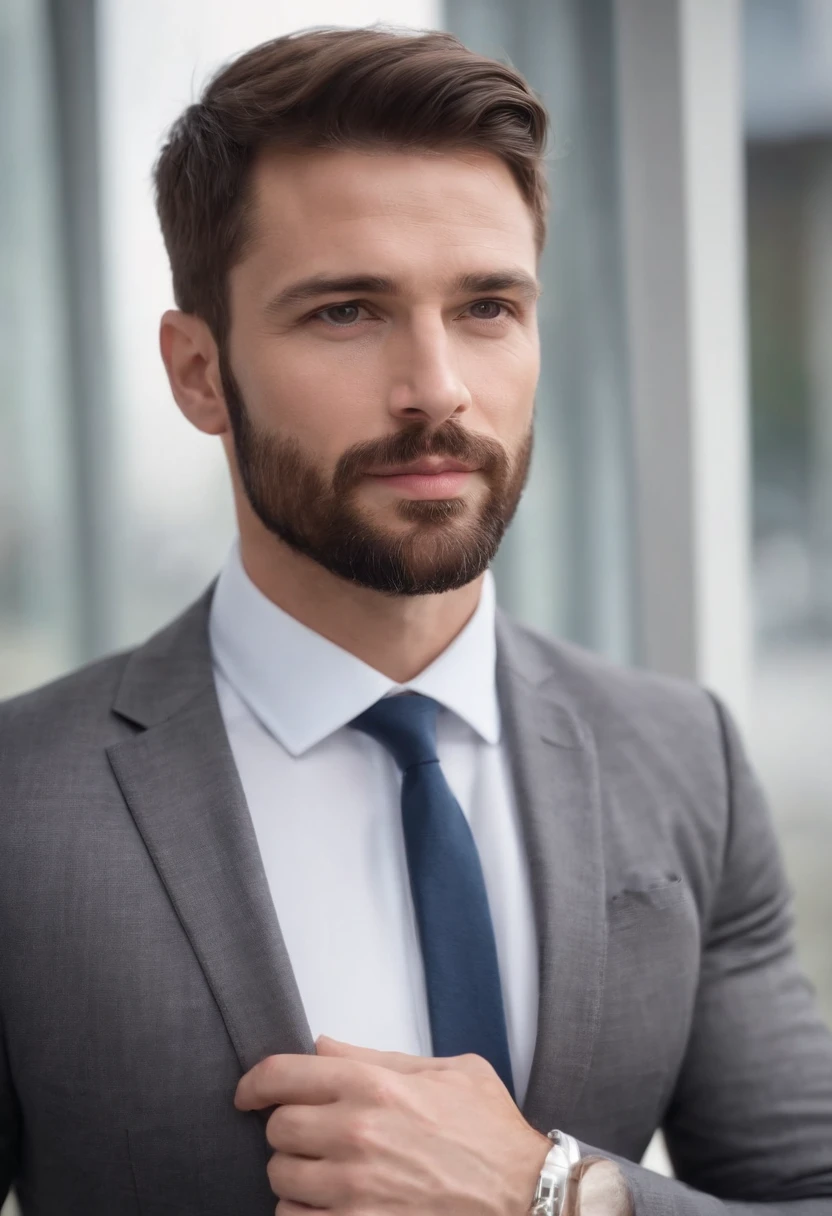 Very handsome athletic 35 years old athletic man with short brown hair and beard 3 days cheap business suit