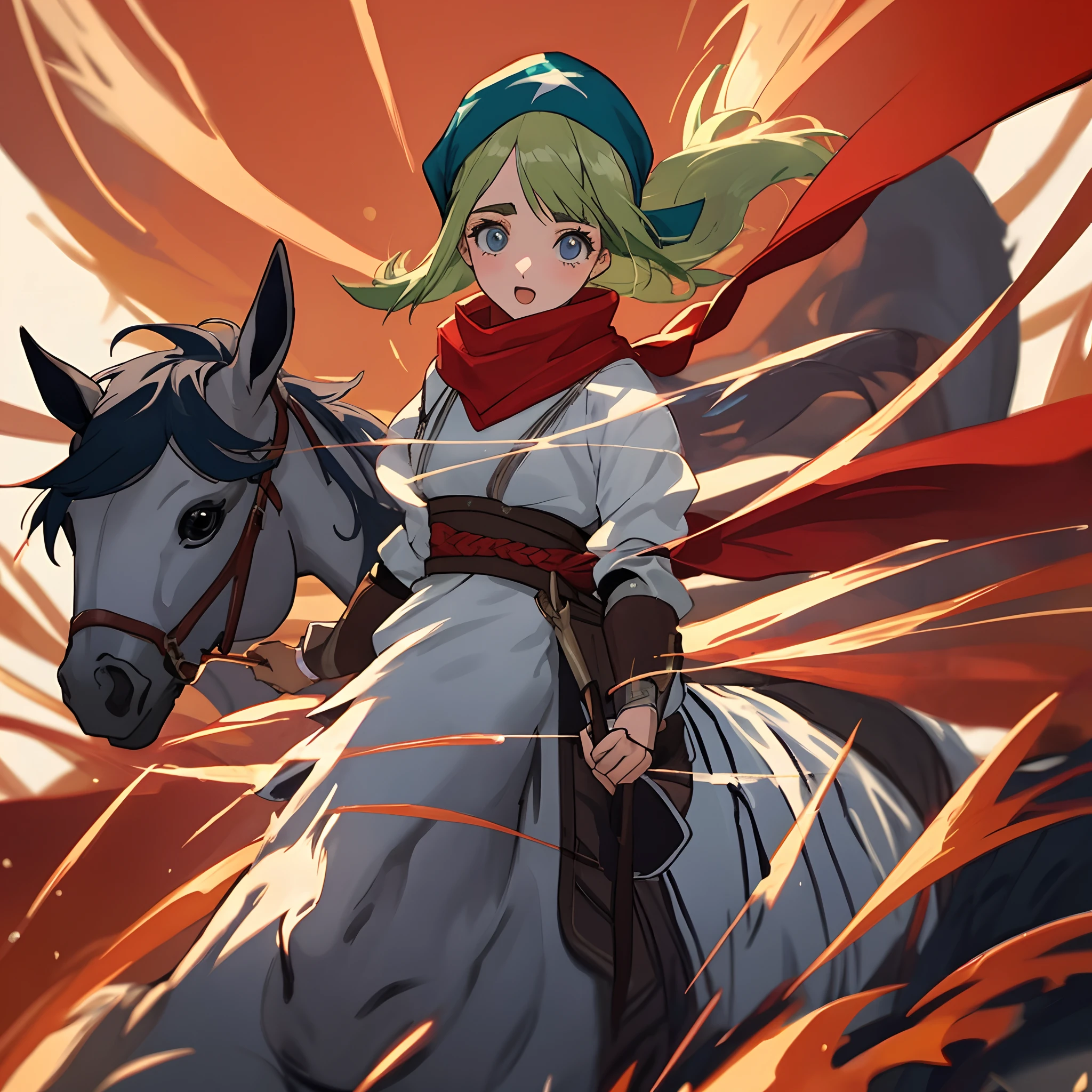 Garota do free fire estilo anime lpira cabelo Grande cabelo rabo de cavalo loiro com potas vermelhas. Ela usa mascara de bandana
