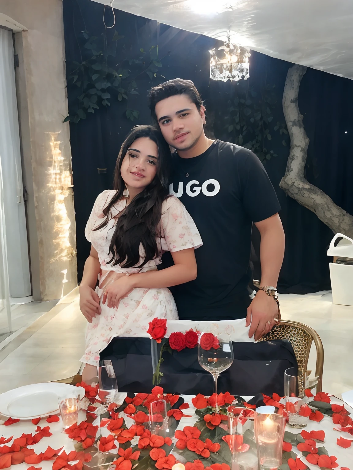 They are posing for a photo in front of a table with roses, Directed by: Nandor Soldier, Sidney Lugo, Imagens, por Valentine Hugo, andrea rocha, Condutor de Ene, zigor samaniego, Edon Guraziu, Lovely couple, inspirado por Ion Andreescu, roge antonio, Carmelo Blandino, they are in love