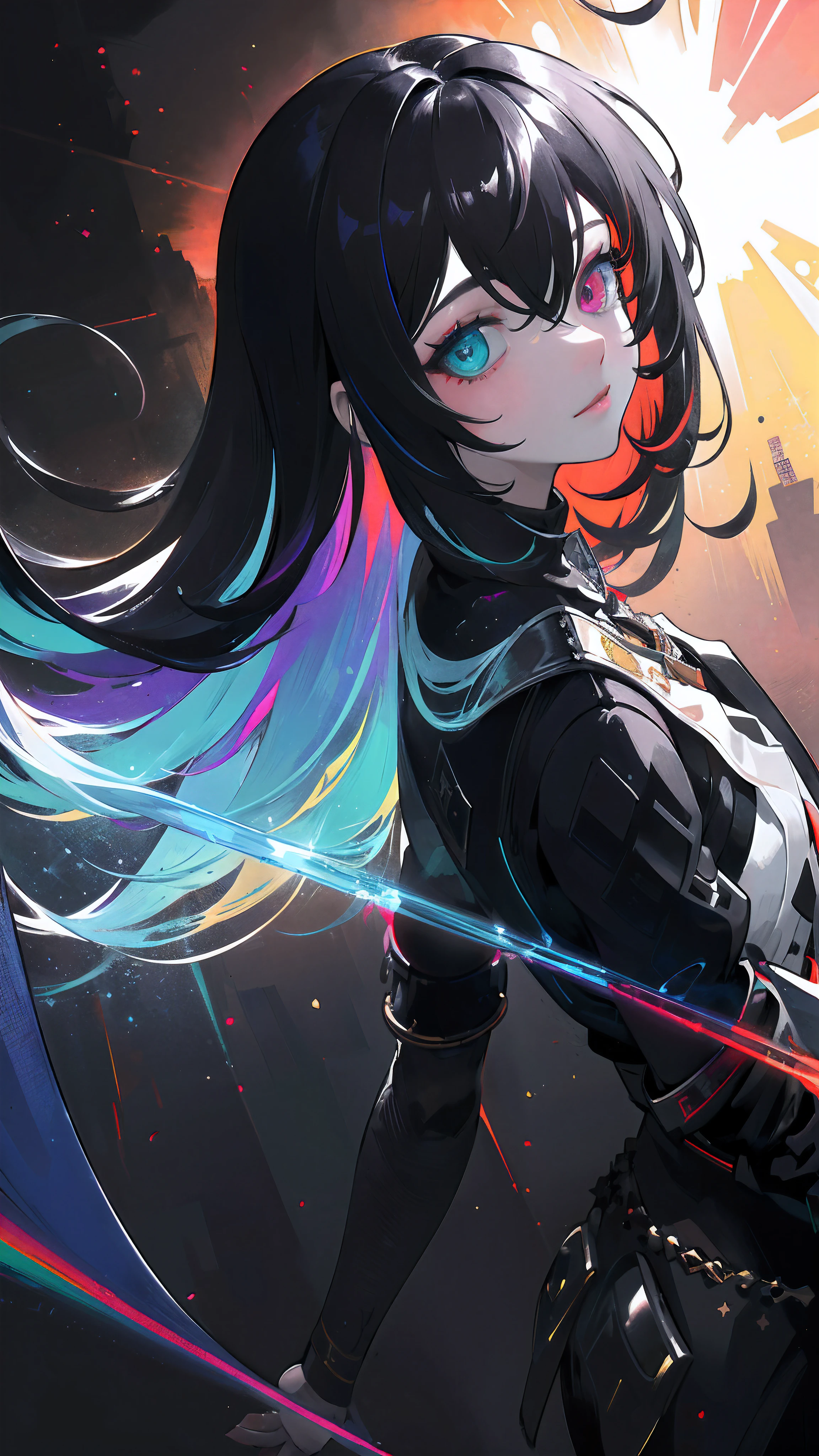 A woman with long hair and a sword in front of a bright light - SeaArt AI
