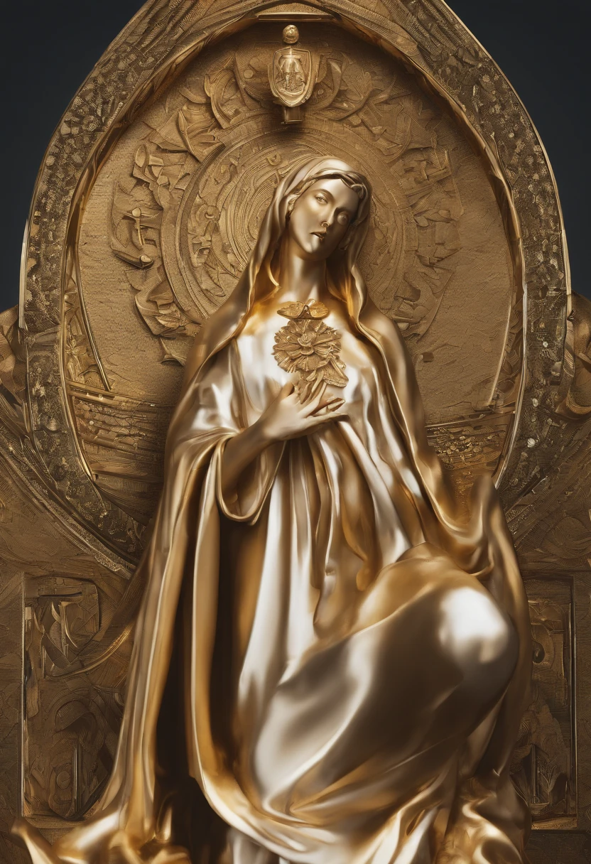 Stock stoic girl，Statue of the Virgin Mary in Gold，Smiling，The upper part of the body， 8k movie profile with Hercules style and dark background，Gold texture