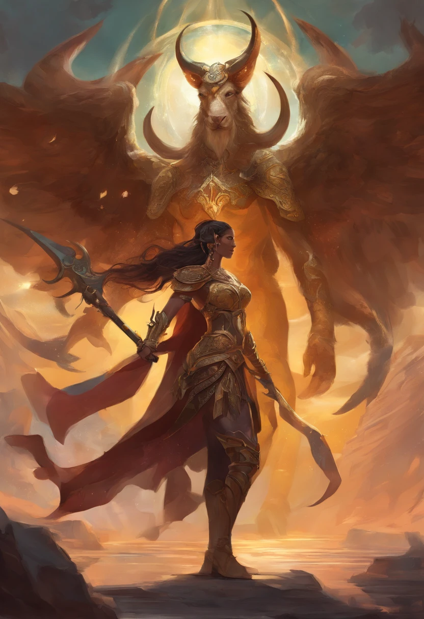 Um majestoso Minotauro, with an imposing Woman's head adorned with deep spiral horns, olhos expressivos, atletic, vestes rasgadas. The bull's skin is dark brown and covered by a thin, pelagem curta. He's on his feet, pronto para a Batalha, a large axe in one hand and a determined expression on his face.