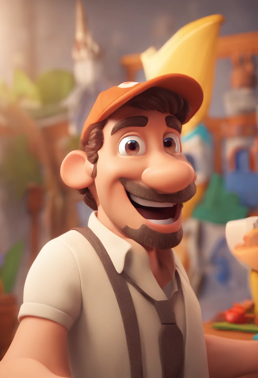 Smiling Man Illustration, sorriso insano, Homem de pele marrom com um sorriso gigante, happily smiling at the camera, sorriso atrevido, he's smiling, sorriso muito grande, Macho sorridente, foto de perfil headshot, rindo sorriso enorme, desenhando no estilo de Arte 3D, c4d, fundo de cor branco puro, estilo disney, estilo pixar render ilustracao Super Detalhe, 8k