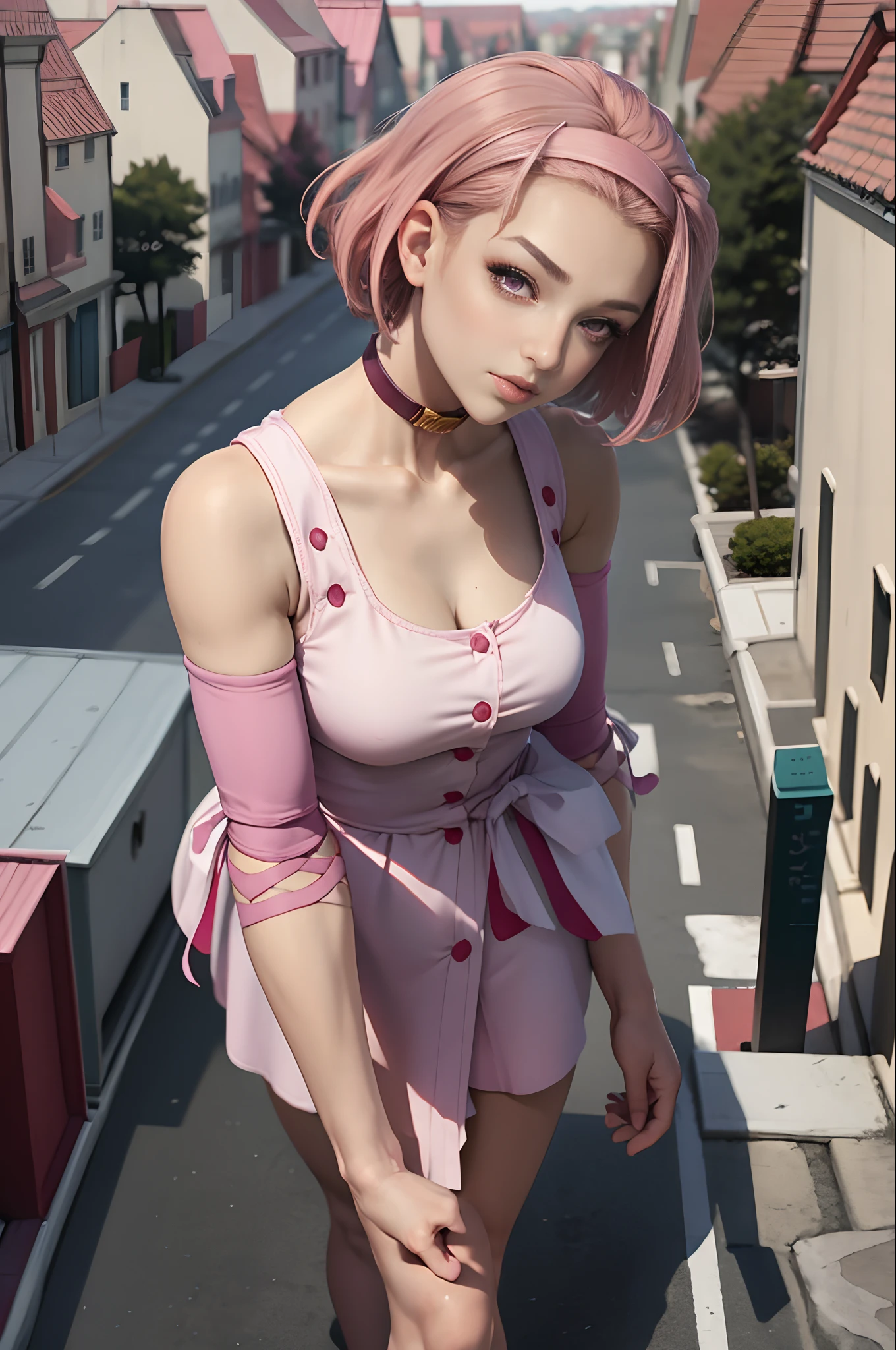 masterpiece, best quality, outdoors, 
cosmieyes, giantess, reimisugimotojojo, 1girl, solo, looking at viewer, upper body, pink eyes, walking in city