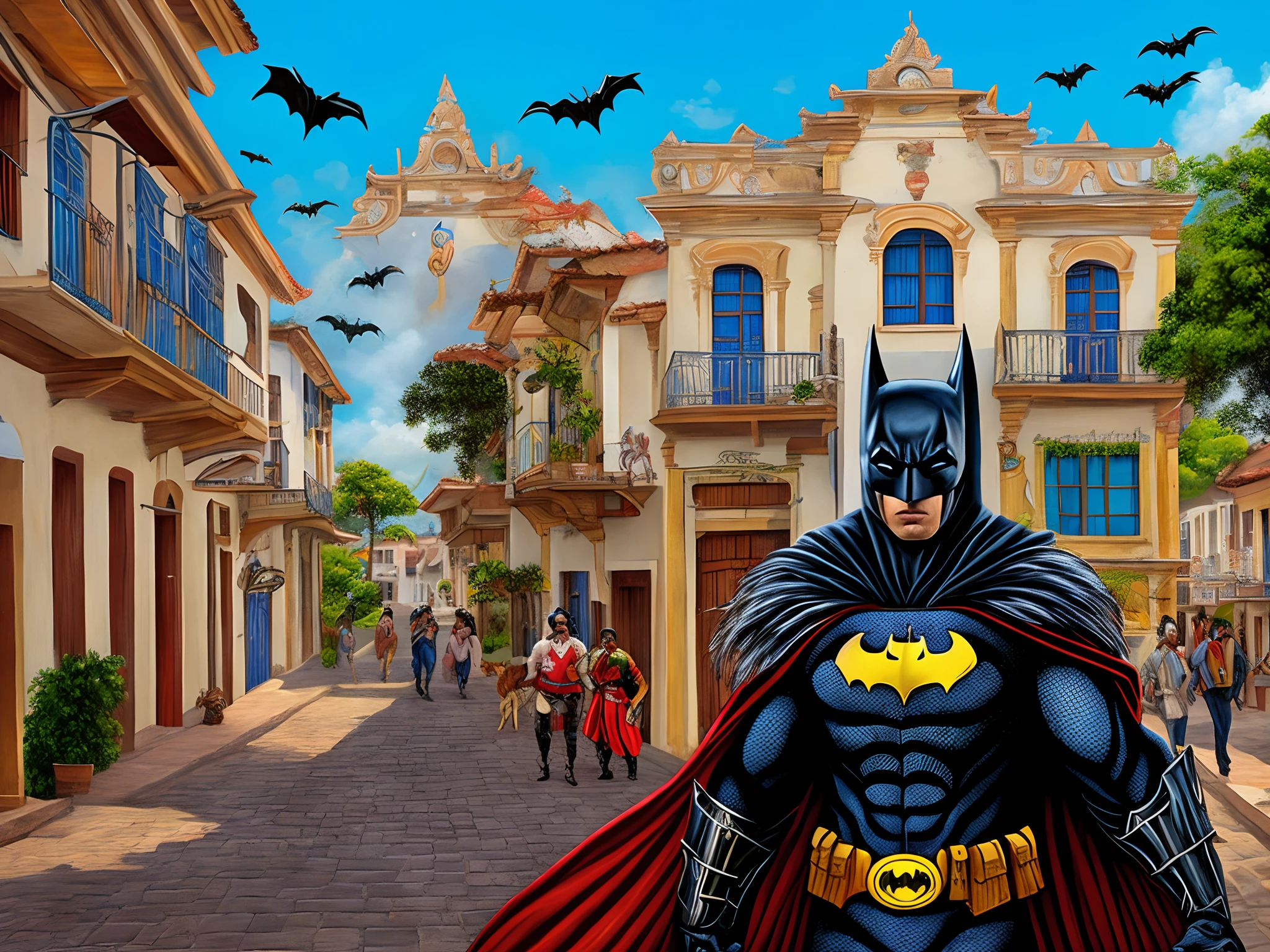 "Ultra realistic painting of an indigenous latinoamerican man dressed as Batman in a colonial Spanish town in Honduras, detailed colorful backdrop, Batman standing heroically in the central plaza, wearing a feathered cloak and traditional indigenous armor and weapons along with the Batman mask and logo, smoke and shadows, bats flying overhead, intricate textures and patterns inspired by latin american indigenous art and colonial architectural details, painted by digital artist inspired by Spanish colonial architecture art by Diego Velázquez and indigenous latin american artists"