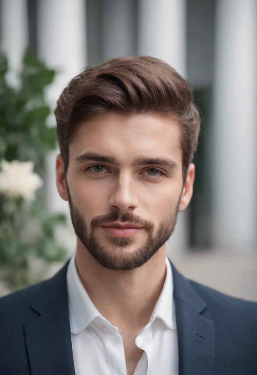 (best quality,highres), handsome man, hazel eyes, short hair, beautiful beard, sexy executive, stylish suit, front camera focus, portrait mode, perfectly centered in front of the camera, professional lighting, crisp details, vibrant colors