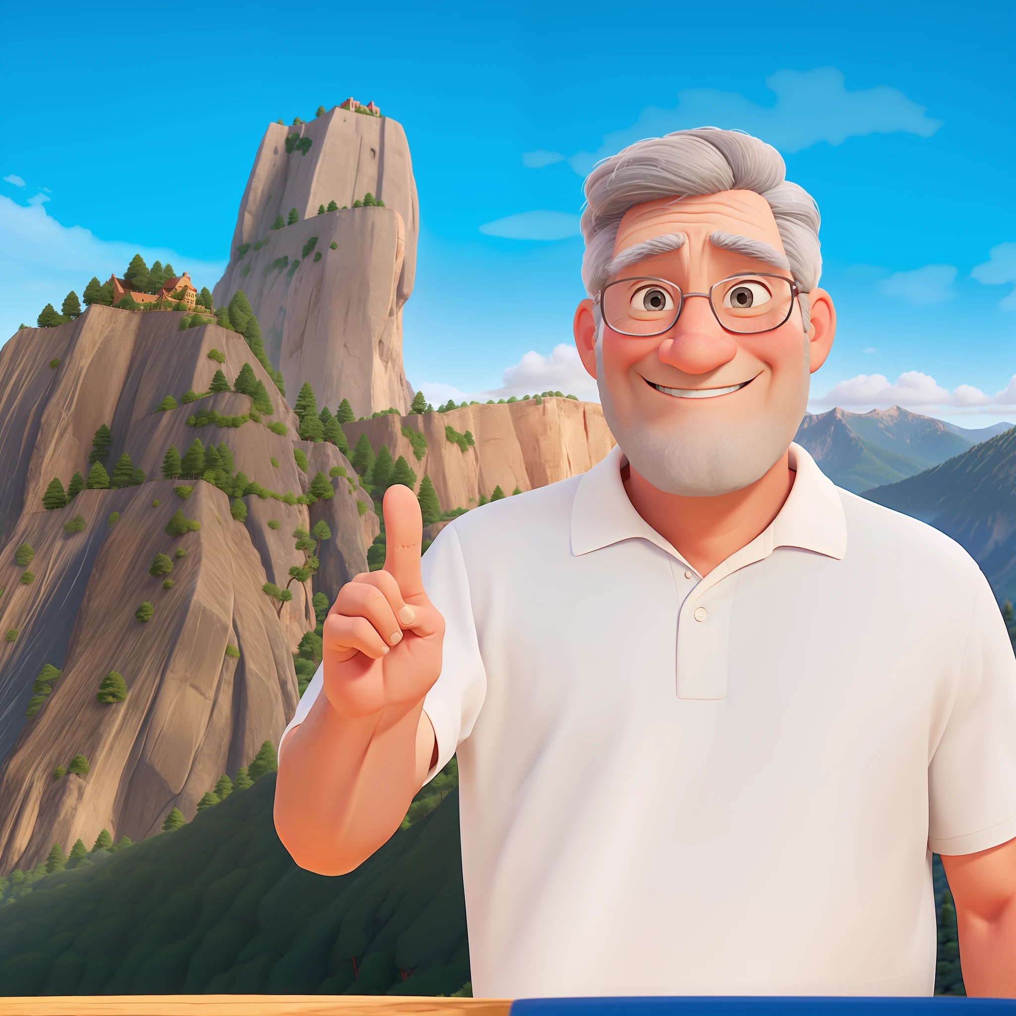 A gray-haired pixar style gentleman smiling and waving a mountain in the background and the blue sky.