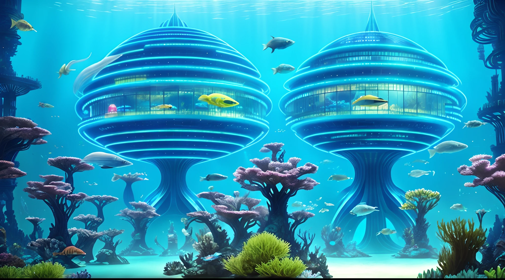 There is a large aquarium，There are a lot of fish in it, futuristic underwater metropolis, an underwater city, an underwater city, stuning fantasy 3 d render, Futuristic setting, in fantasy sci - fi city, futuristic utopian fantasy, surreal sci fi set design, futuristic palace, Undersea temple, jellyfish temple, surreal sci fi architecture, Underwater temple with fish