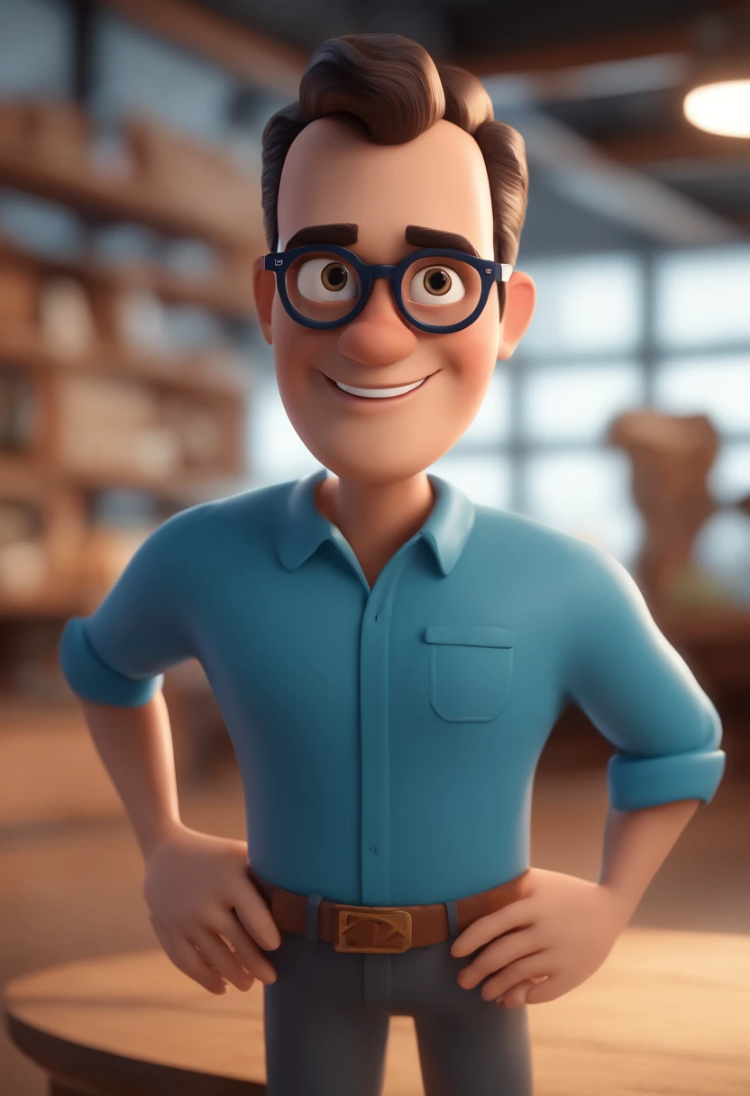 Cartoon character of a man with black glasses and a blue shirt, animation character, Caractere estilizado, animation style rendering, 3D estilizado, Arnold Maya render, 3 d render stylized, toon render keyshot, Personagem 3D, Personagem 3D, 3d rendering stylized, 3 d character render, personagem de desenho animado, Personagem de close up, Pose de personagem, (Estilo Pixar) (master part:1.2) (Bokeh) (best quality) (pele detalhada) (textura detalhada) (8k) (argila) (Cinematic lighting) (foco nítido