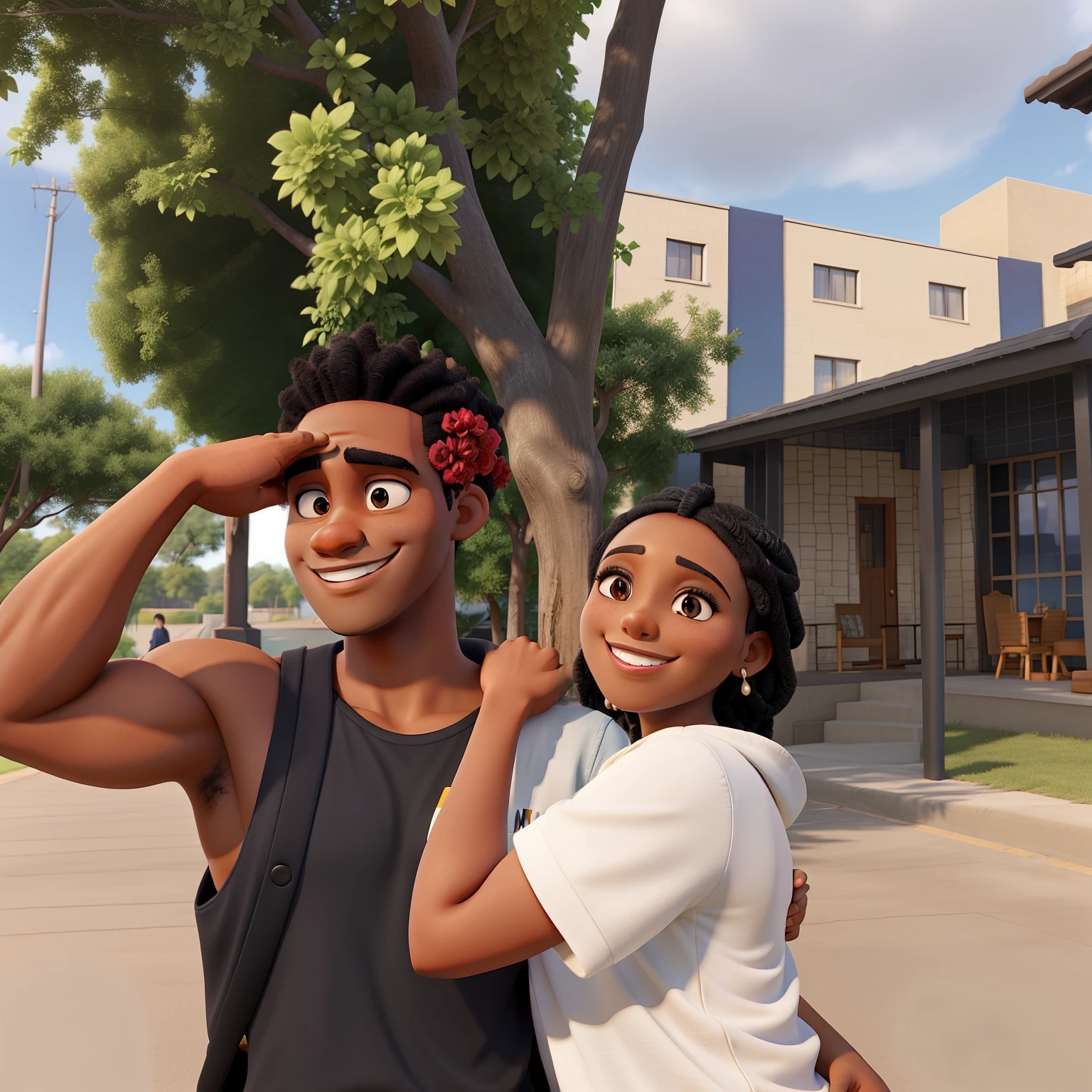 a beautiful black couple on a sunny afternoon, the woman smiling and the man with visible muscle and smiling