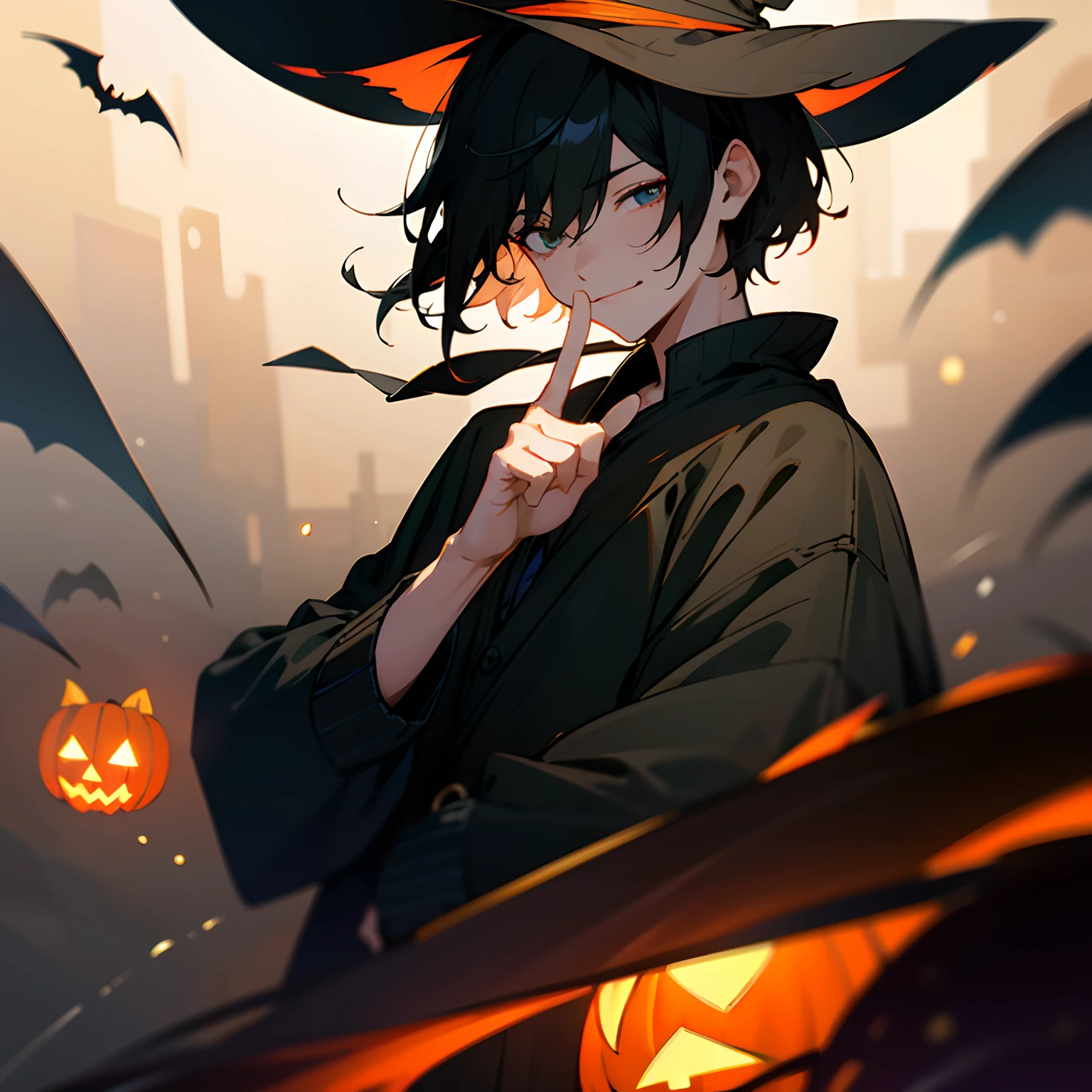 (​masterpiece、top-quality)、Hair with a short neckline、1 man with black hair、Warm lighting、Black cardigan、Blurred foreground、halloween night、deep in the night、Smirk、Hide one eye with hair、short-hair、deadpan、put index finger on mouth、Sorcerer、witch's hat
