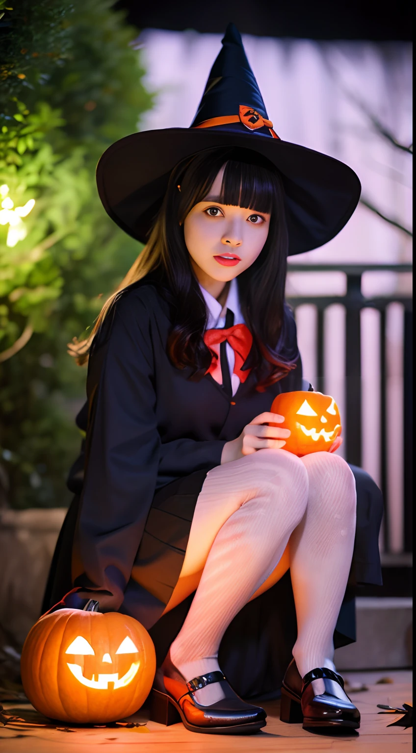 masutepiece、Halloween、Bewitching witch、Pointy hat、japanes、Good Style、Black stockings、Curvaceous,1 very young girl,1 Sitting on a Spooky Pumpkin,full-body view,Dressed as a witch,Tall witch hat,Thigh_highes,Mini_Skirt,Large_lower back,Spooky,ghosts, Halloween,Blushing,Ahegao_Face,A dark-haired,verd s eyes,Heart-shaped_Pupils,long_hair,Small waist,detaileds,Large breasts、With pumpkin lamp、(in 8K、Raw photography、top-quality、masterpiece:1.2)、(realisitic、photoRealstic:1.37)