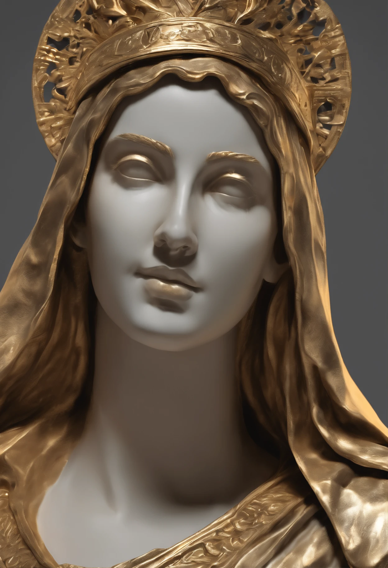 Stock stoic girl,Statue of the Virgin Mary in Gold,Smiling,The upper part of the body, 8k movie profile with Hercules style and dark background,Gold texture