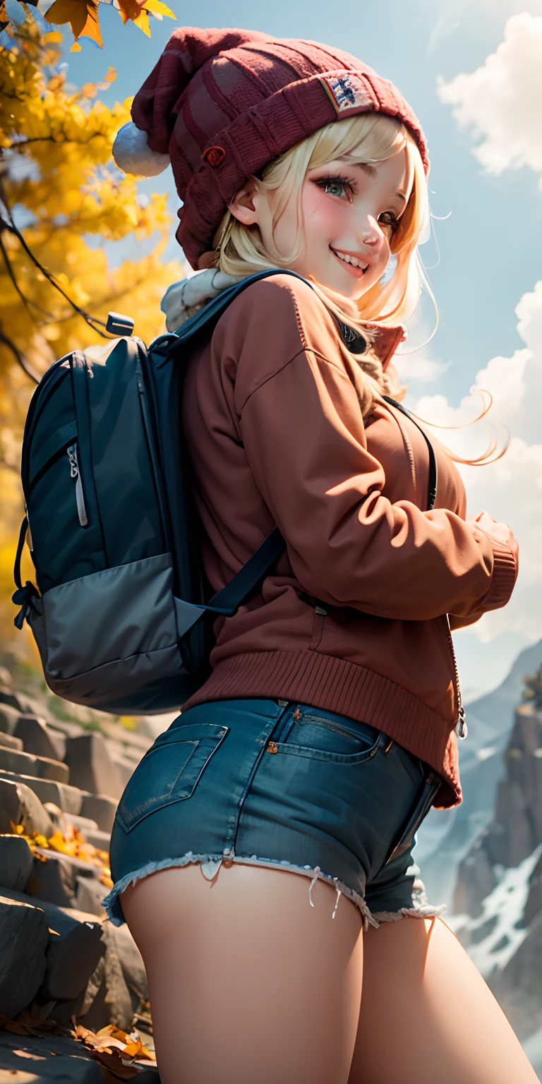 top-quality、Top image quality、​masterpiece、Close-up looking up from below、Blonde braided hair 19 year old girl、mountaineering、Wear light shorts、Backpack and climb the slope、Wearing a knitted hat、(Colored leaves、A sexy、Face smile、Face Real