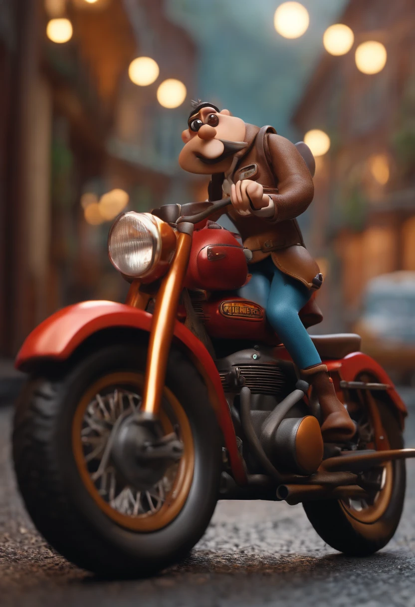 Character on a motorcycle with the style of the Aardman studio