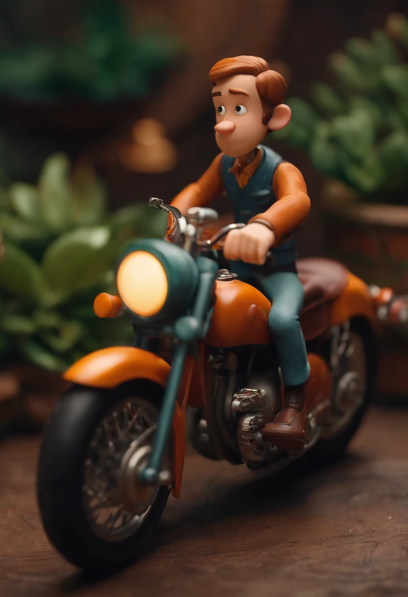 Character on a motorcycle with the style of the Aardman studio