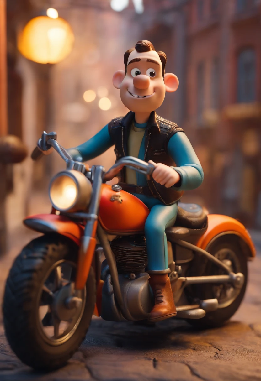 Character on a motorcycle with the style of the Aardman studio