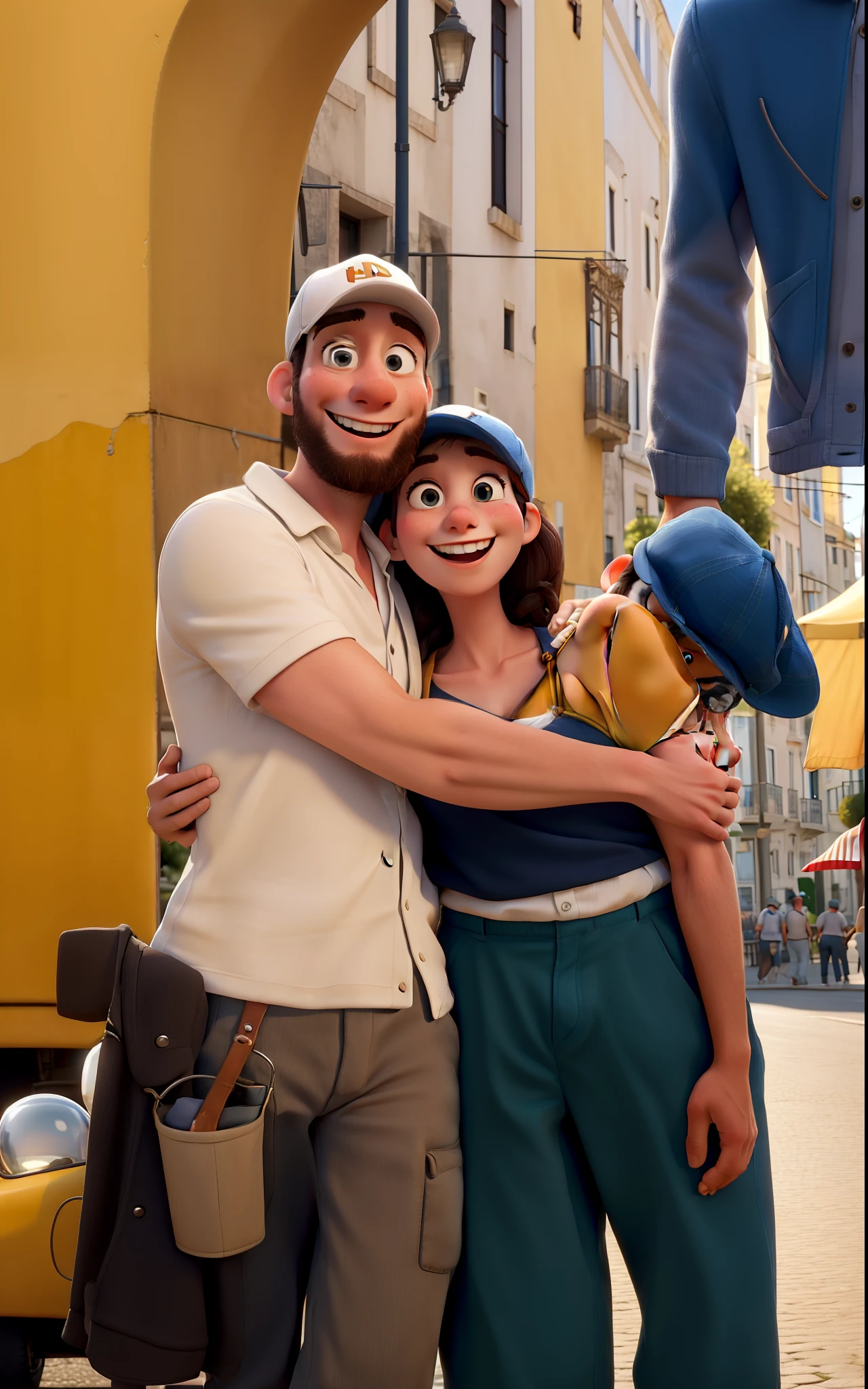 A couple in love, the man wears a cap and they are white and have a beautiful smile in Lisbon with the Tagus River in the background, created Disney Pixar style poster