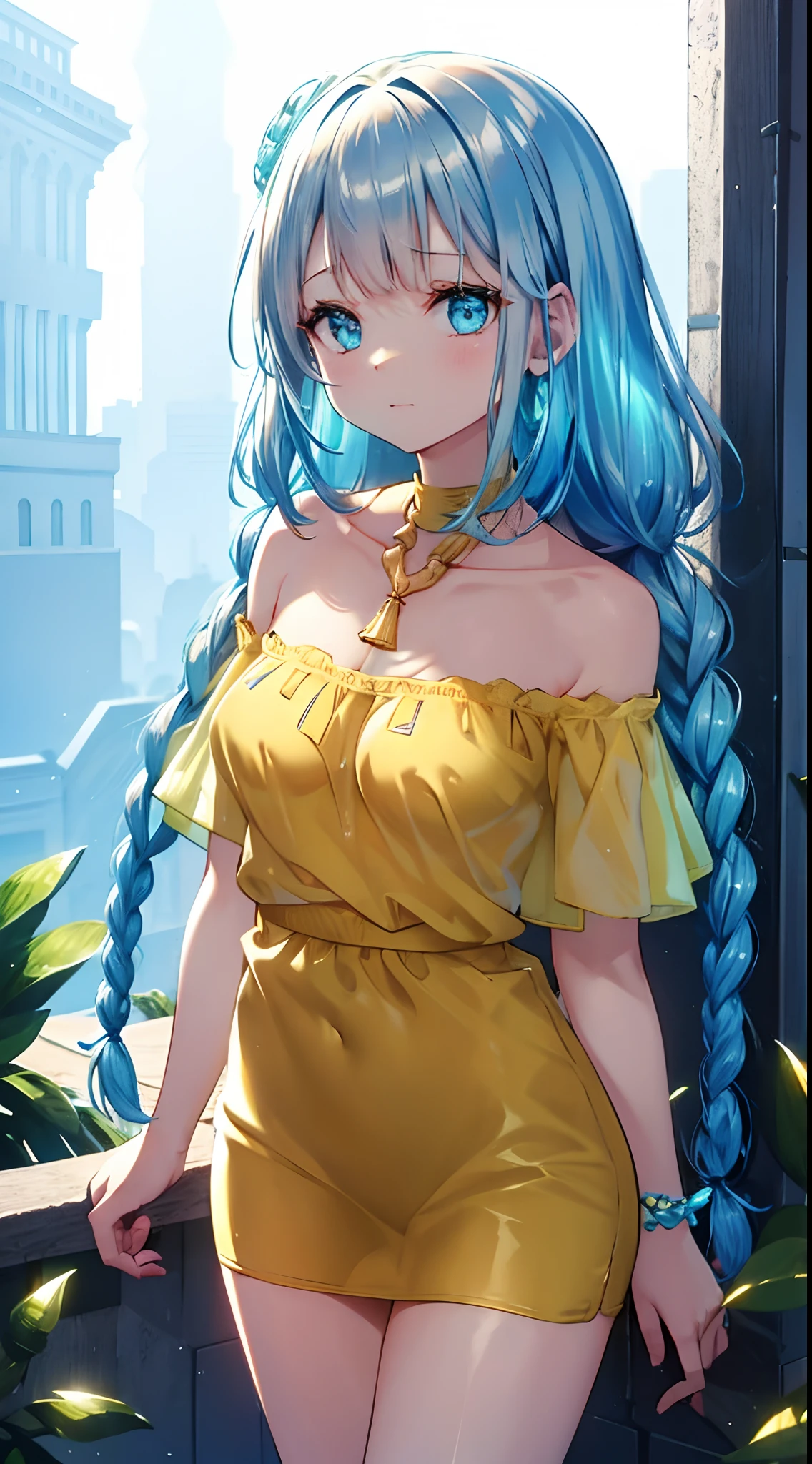 With braids, shiny, moist and transparent face, it has a nice feel, light cyan and light yellow colour scheme, wearing a simple plain off-the-shoulder T-shirt, around his neck hangs a transparent silver necklace