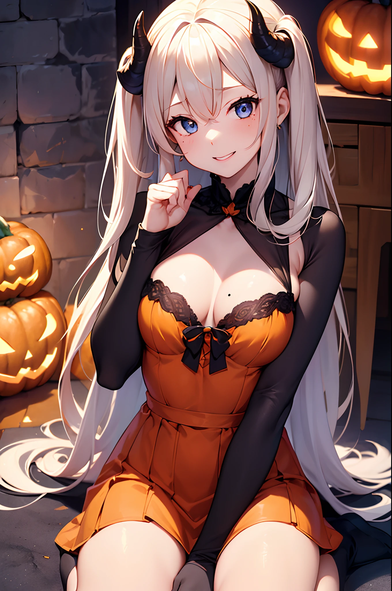 (Girl with a nasty appearance:1.1)、(Daytime:1.5)、(and chest:1.4)、Raw photography, top-quality, hight resolution, (masterpiece), (Photorealsitic:1.4), (Mole under the eyes),Anime Cosplay, foco nítido, nffsw, 8K分辨率, intricate detailes, depth of fields, the Extremely Detailed CG Unity 8K Wallpapers, front lit, femele,25-years old、 His lips are smiling、(tying hair:1.5)、(Medium Showtrain Bo Hair)、(Orange dress with Halloween pattern:1.3)、blue eyess,(Halloween Eve:1.5)、(in a house:1.3)、(Full body depiction)、(Jack-o'-lantern:1.2)、Cute horns、Devil's Wings、Jack-o'-lantern making、Pumpkin processing、colourfull、lunch、suns
