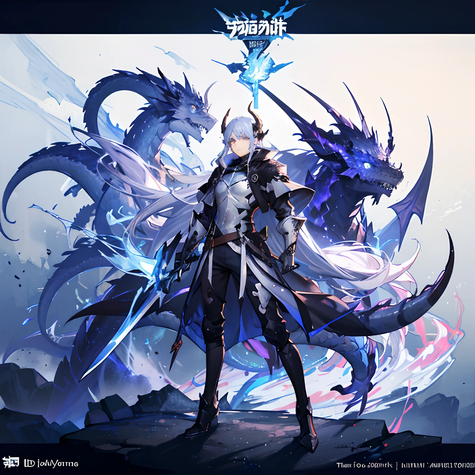 anime style poster That say"Dragon Thunder Child",The knight, known as the Blue Lightning, stands above his foes with his electric blue sword, his blue dragon horns and silver hair glittering in the sunlight.