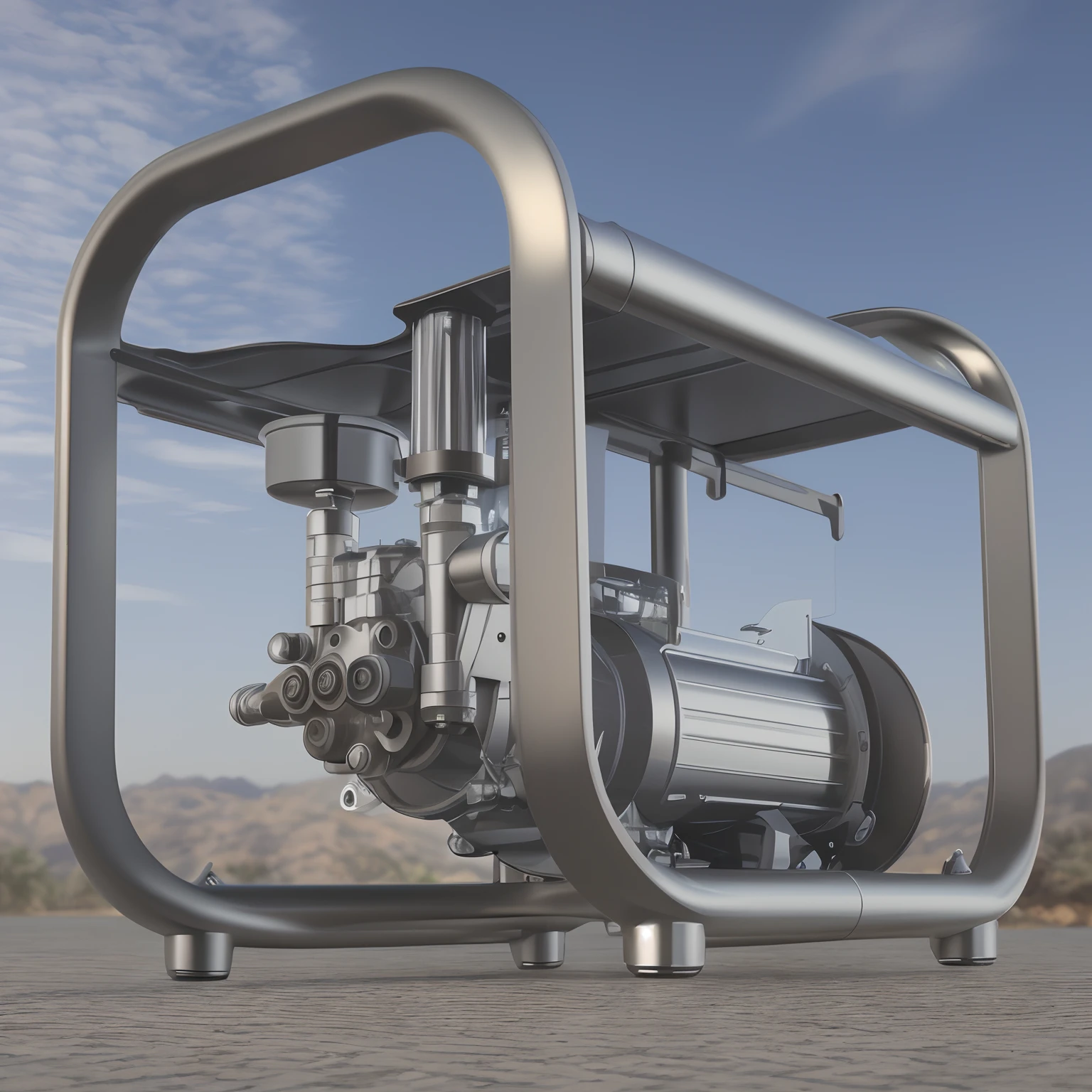 Close-up of the pump in front of the villa in the open space, 3 d product render, detalhe poderoso, Very powerful, Product rendering, powerful scene, Higher detailed illustration, true realistic image, high angle close up shot, Highly detailed picture, full - view, hyper realistic detailed rendering, highly detailed render, Powerful, highly detailed scenario, product design shot, hyper - realistic