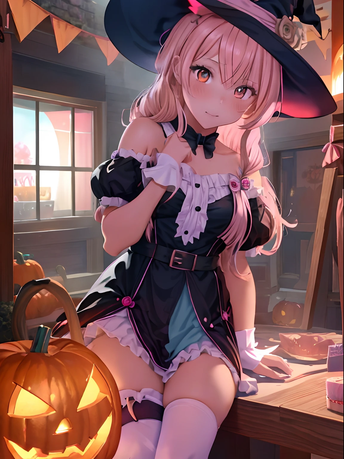 Halloween,Jack or lantern,shorttwintail,flaxen hair,odd eye(Pink and light blue),teens girl,Sauce order,Witch Cosplay,Home party,decoration,orange, Black and white lively room,Upper Eyes,red tide,Waiting for a kiss,A face full of anticipation,The inside of the eye glows,Lots of sweets around