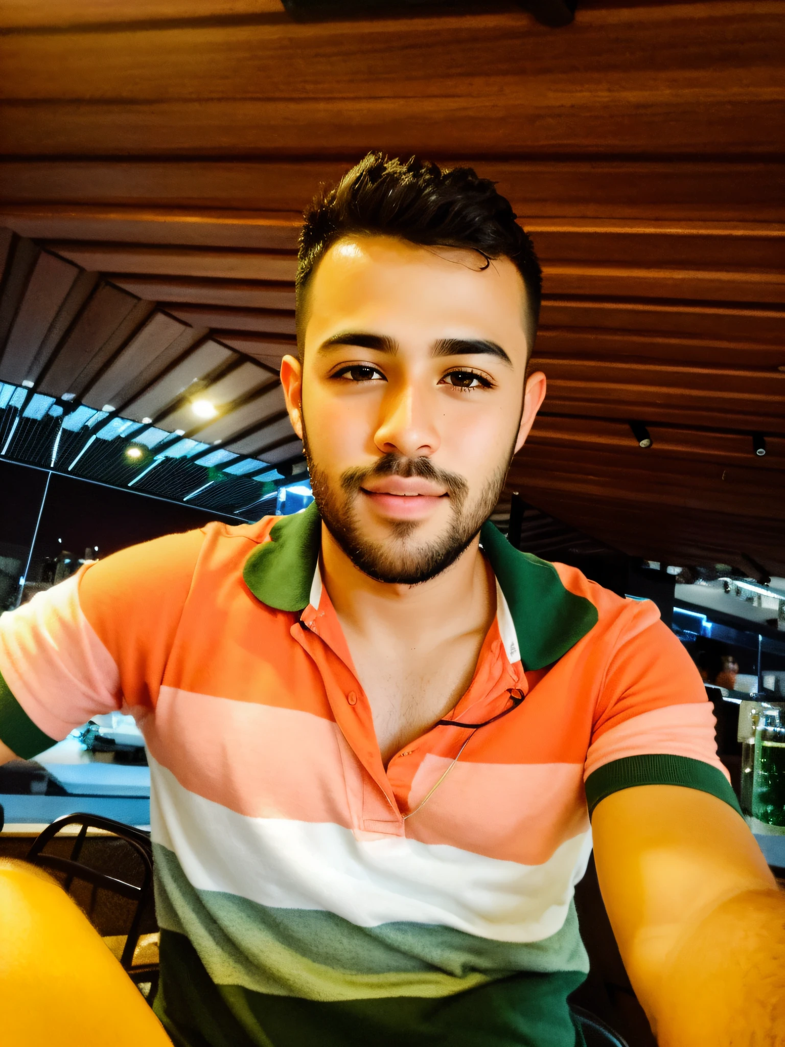 Young Man Sitting Next To Counter, de barba, cabelo preto , camisa polo, olhando serio para a camera