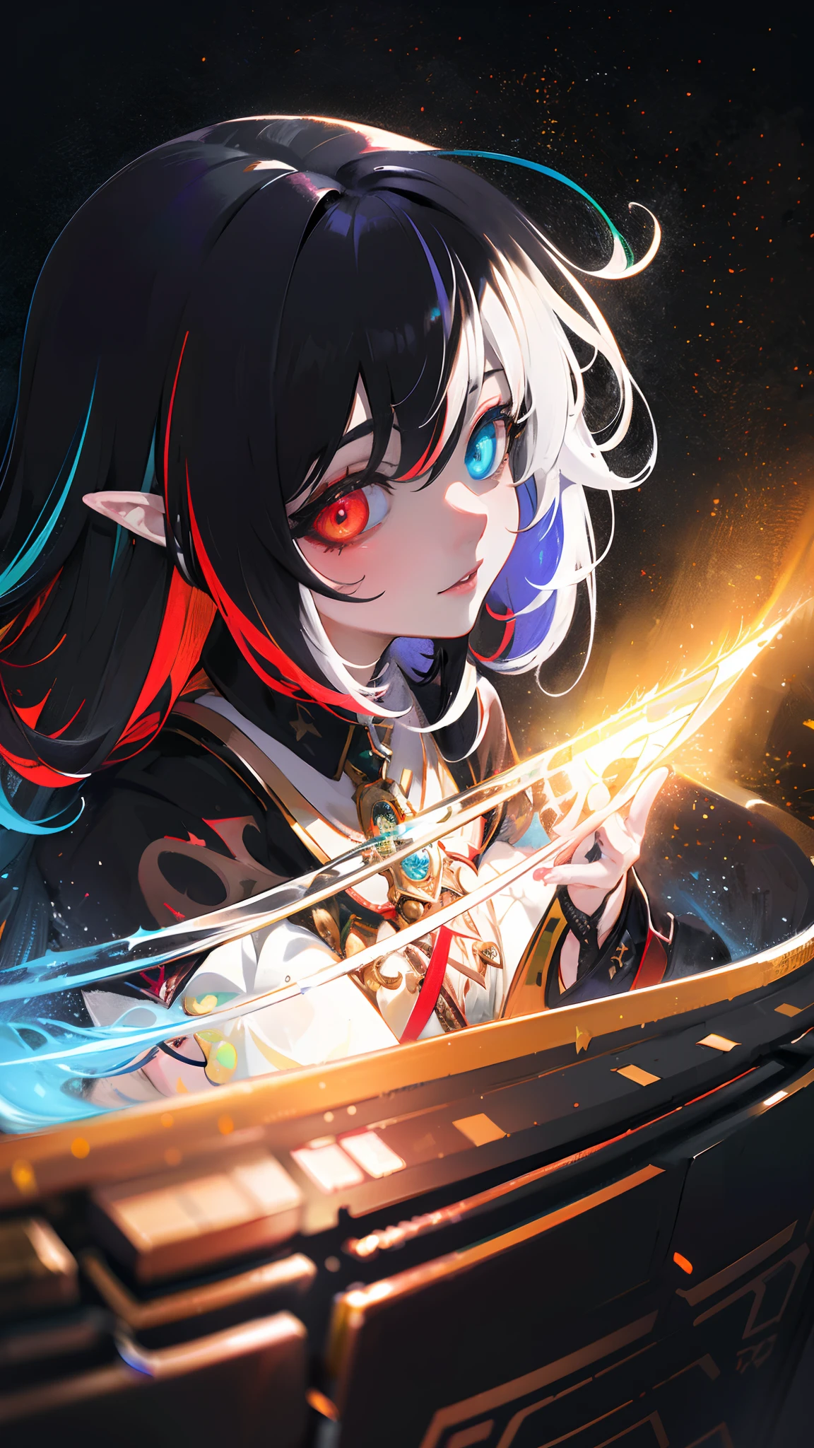 {{masterpiece}}, best quality, extremely detailed CG unity 8k wallpaper, cinematic lighting, lens flare, beautiful detail eyes, black,  side glance,  multicolor hair, colorful light, particles, heterochromia, (colorful:1.5), (colorful hair:1.5),