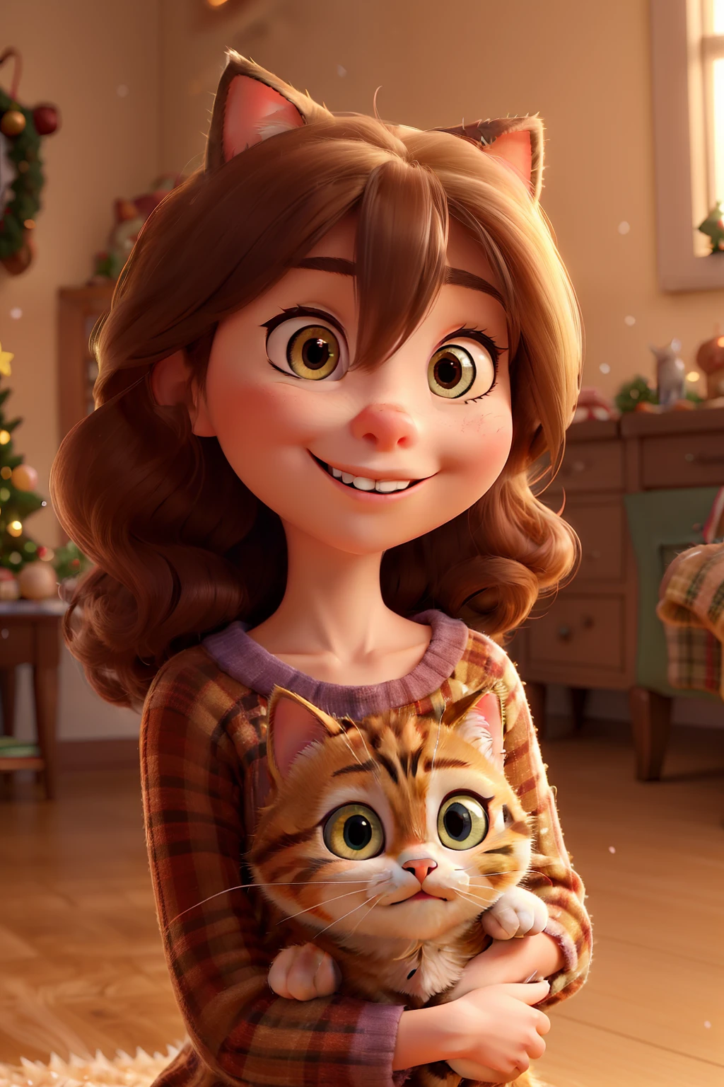 young woman,cat care,Christmas,pixar-inspired,whimsical,beautifully detailed eyes,luscious long lashes,endearing smile,soft flowing hair,lovingly cradling the cat,snow falling gently in the background,cozy festive atmosphere,warm color palette,subtle golden lighting,best quality,HDR,ultra-detailed,vivid colors,bokeh