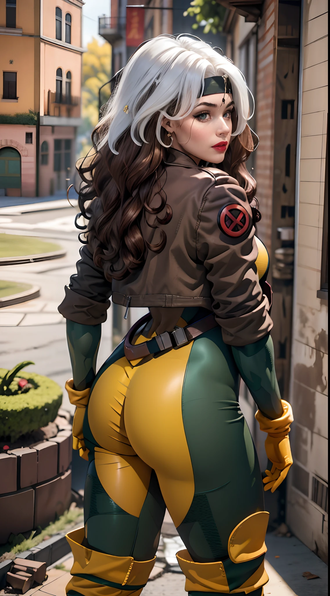 rear view, backside view,dibujos animados_x_mientras_Pillo,ownwaifu, Vista de cuerpo completo, Cabello largo, brown hair, ojos verdes, lipstick, maquillaje, labios, Raya blanca en el cabello, cinta, cabello ondulado, cabello desordenado, cabello rizado, Senos medianos a grandes, Figura curva, ((Kelli Berglund:Bailee Madison:0.5)), Traje amarillo, chaqueta, Guantes, beltt, Guantes amarillos, Traje verde, (bodysuit:1.4), Traje multiColor, (Superhero:1.4), Piel apretada, Ropa multiColor, Background of garden and wisteria, Arte Oficial, fondo de pantalla CG 8k extremadamente detallado, Perfect lighting, De Color, brillante_frente_cara_luci, piel brillante, (Obra maestra:1.0), (mejor_Quality:1.0), ultra-high-resolution, 4k , Ultra detallado, Cinematographer, 8k, HDR, Altas Resoluciones, (absurdos:1.2), Kodak Portra 400, Film grain, fondo borroso, (Bokeh:1.2), Destello de lente, (Vibrante_Color:1.2), profesional photography, (Beautiful_cara:1.5),More detailed 8K.motor irreal:1.4,UHD,La mejor calidad:1.4, fotorrealista:1.4, textura de la piel:1.4, obra maestra:1.8,obra-prima, mejor calidad,objeto Objeto], (detailed face features:1.3),(Antecedentes  Apocalyptic destroyed city:1.4)