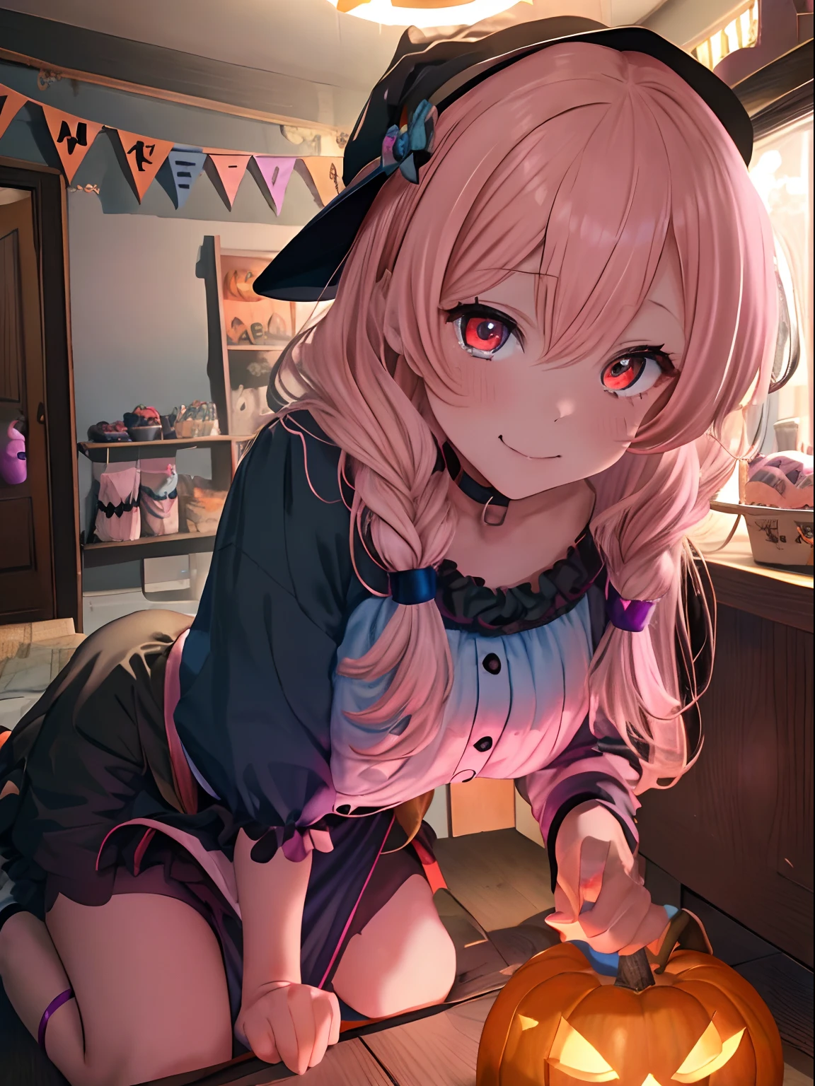 Halloween,Jack or lantern,shorttwintail,flaxen hair,odd eye(Pink and light blue),s girl,Witch Cosplay,Home Party,decoration,Orange, black and white lively room,Upper Eyes,A slight smil,red tide,Waiting for a kiss,A face full of anticipation,The inside of the eye glows,Lots of sweets around