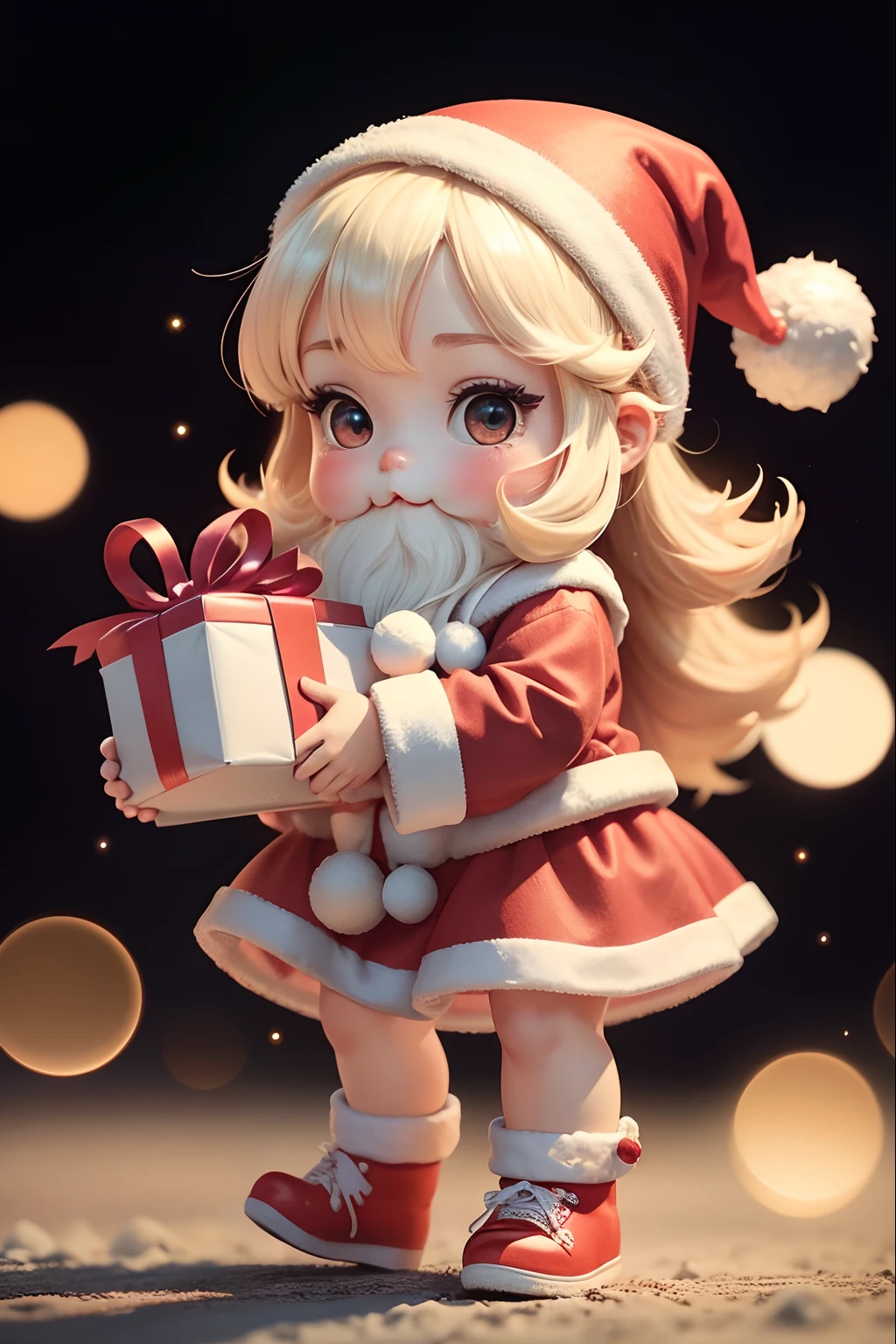 Santa Claus happily carrying presents、Santa is a pretty girl、Chibi Doll、Stars in the eyes(kirakira)、Eye Up、Laugh、Cute red shoes、foco nítido, Ultra Detail, radiant light、bio luminescent、Taken from the side、Stronger bokeh effect