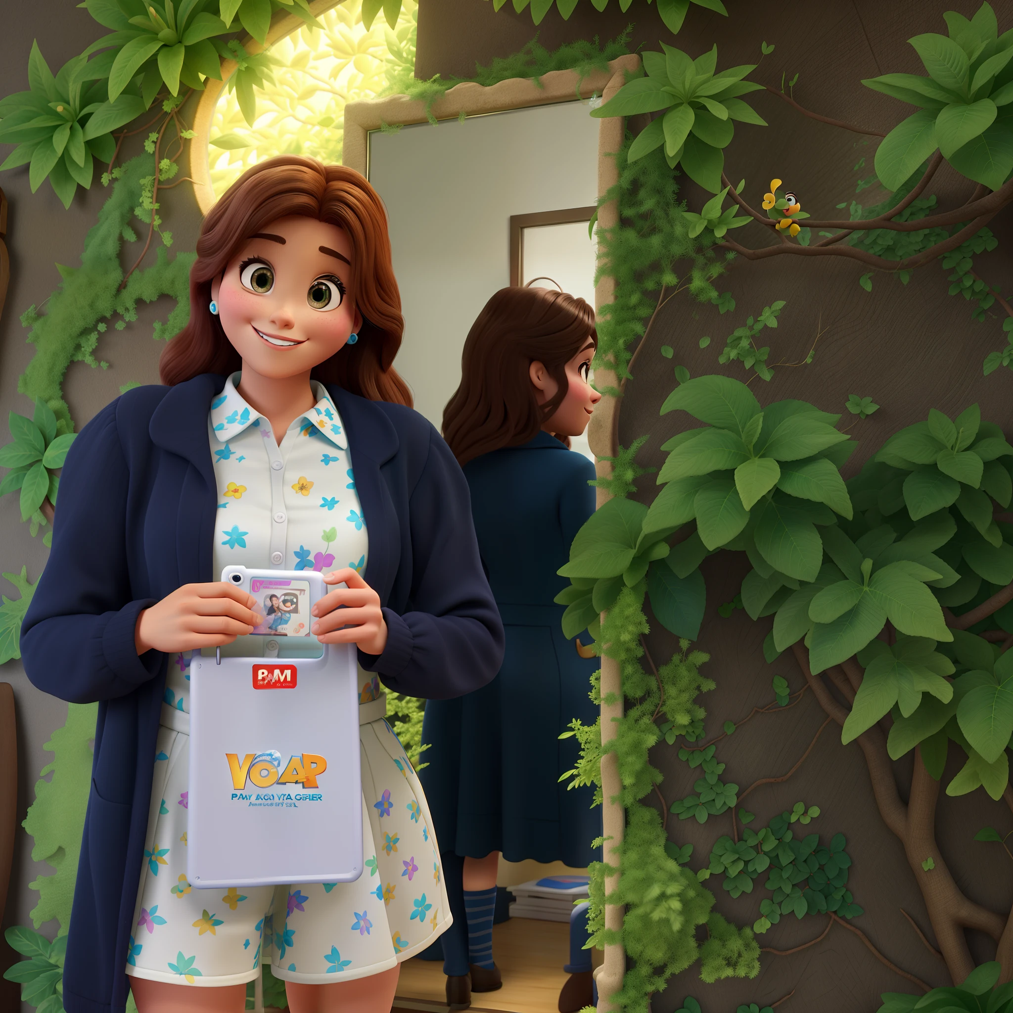 Transforme a foto em estilo poster disney pixar, alta qualidade, melhor qualidade, 8k quality, mulher sorrindo, mirror behind her