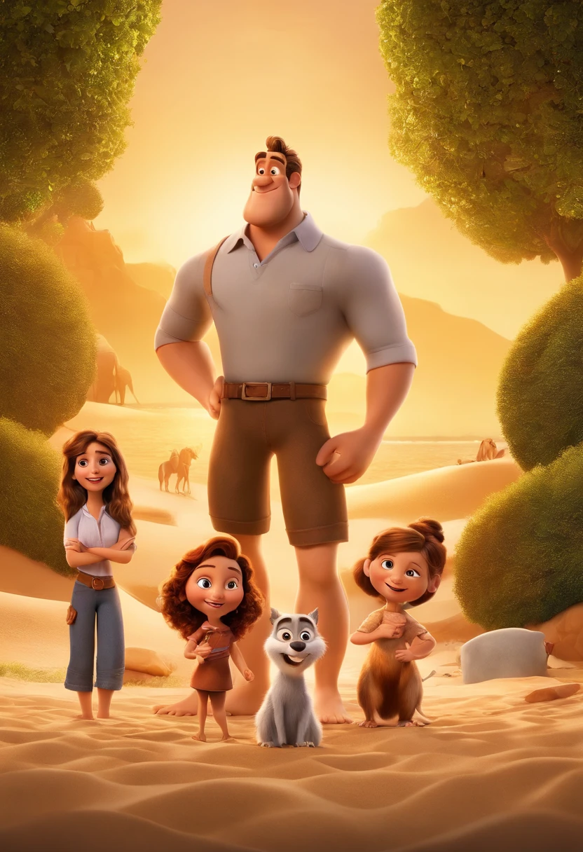 a Disney Pixar movie poster showing a white-skinned family. The father is the tallest, Tem barba curta, loiro, cabelos curtos e espinhosos. The mother has brown eyes and hair, shoulder-length and is slightly overweight. A menina tem 4 anos e cabelos castanhos, roupa rosa e rabos de cavalo. The background is a beach garden. 3D-rendering