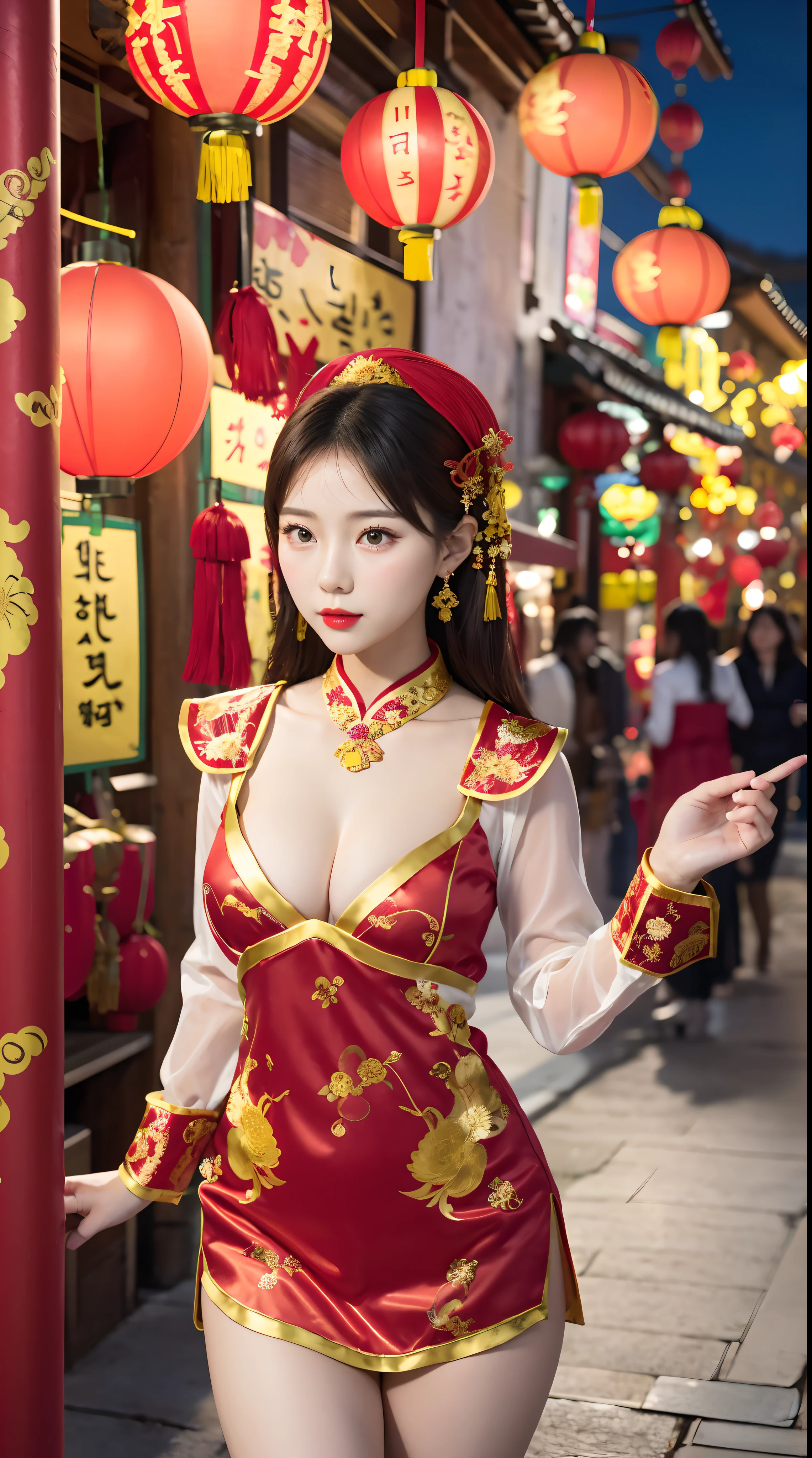 Detailed faces, 4k, 8k, beautiful girls, Korean makeup, Red lips, medium body, medium chest, thigh, Girl in Tet outfit, Lunar New Year, Oriental New Year, Tet accessories, Everything related to the Lunar New Year, Red and Yellow costumes, Phoenix motifs, couplet, New Year's fireworks scene,