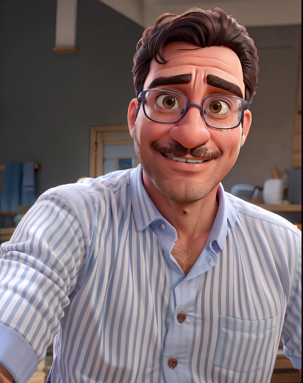 Image of Ricardo Flores in the best definition, Camiseta da rosa, blue pants, white sneakers, square glasses, cabelos grisalhos, barba grisalha