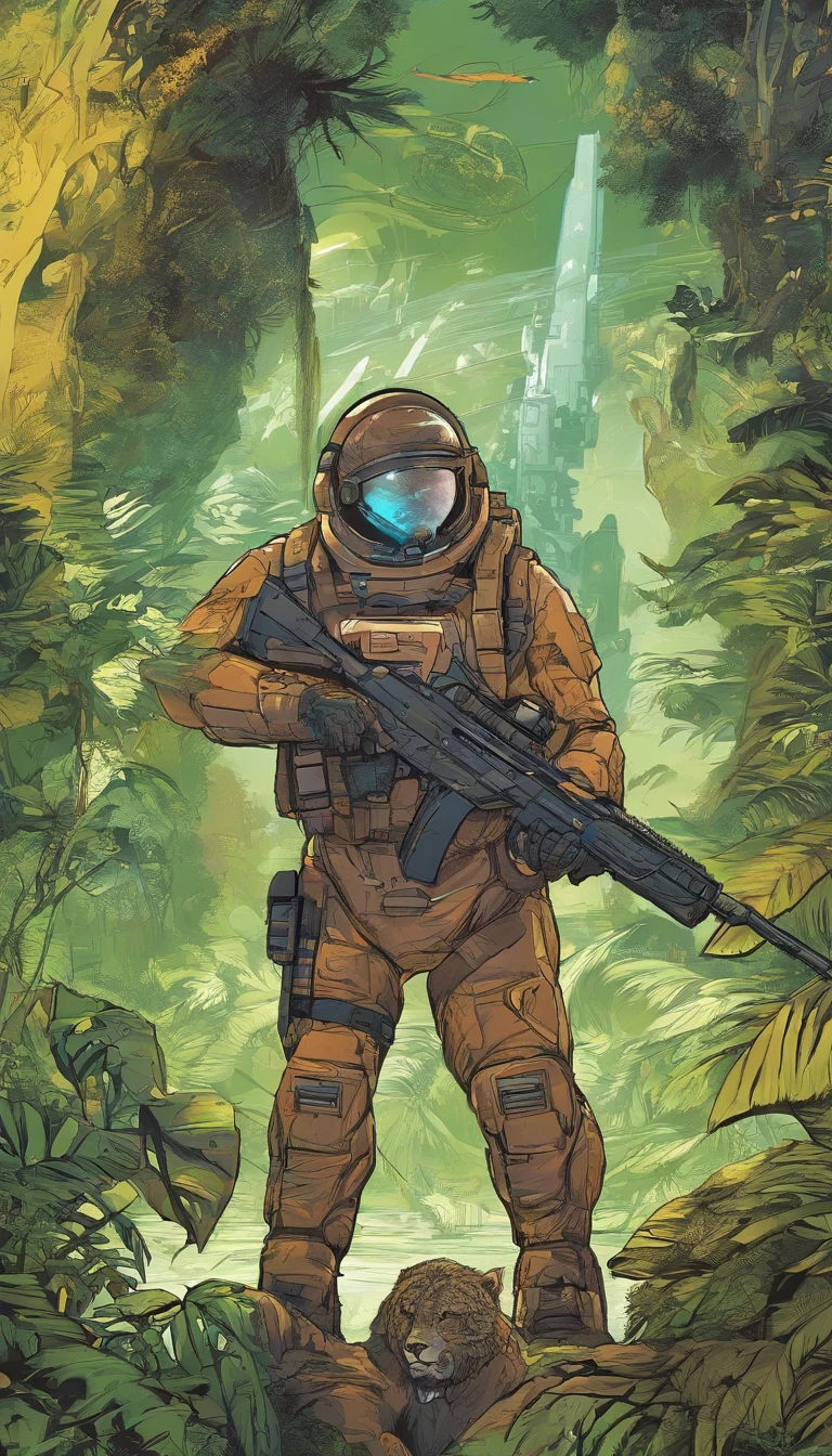 A middle-aged man with vicissitudes, Spear in hand, Hunt a brown bear in the jungle